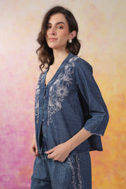 Women’s Denim Blue Color Embroidered Co-Ord Set:
