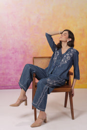 Women’s Denim Blue Color Embroidered Co-Ord Set: