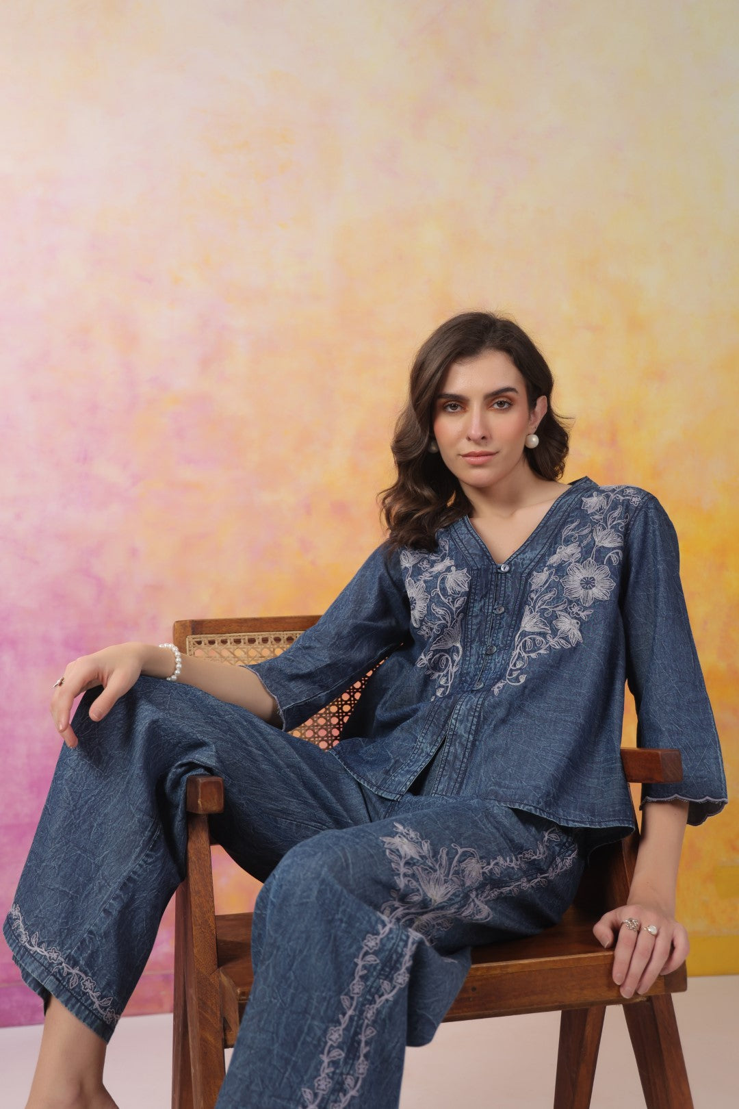 Women’s Denim Blue Color Embroidered Co-Ord Set: