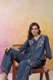 Women’s Denim Blue Color Embroidered Co-Ord Set: