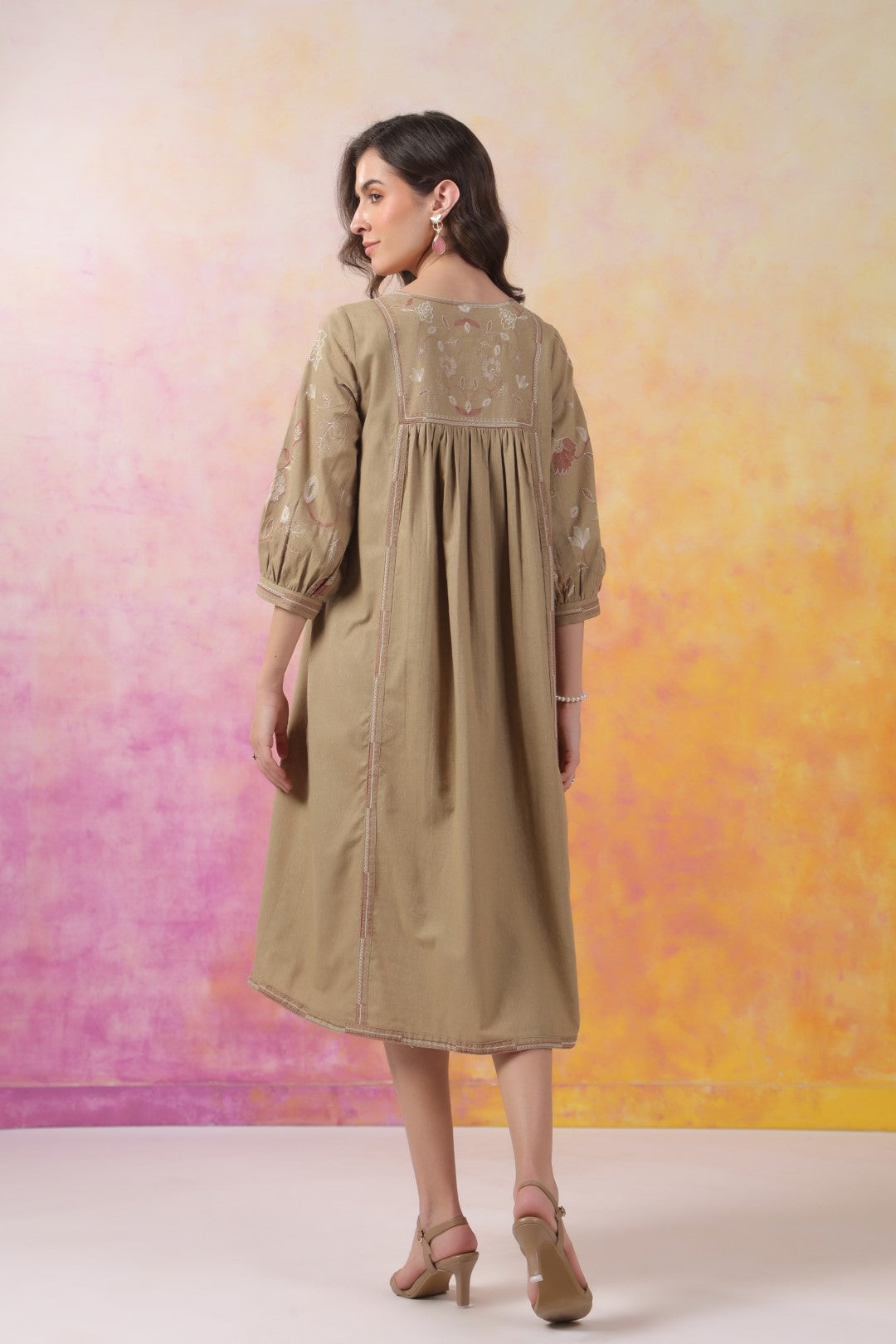 Nyaro Signature Cotton Flex Yoke Embroidered Dress – Olive
