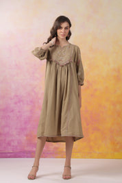 Nyaro Signature Cotton Flex Yoke Embroidered Dress – Olive