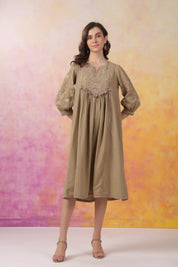 Nyaro Signature Cotton Flex Yoke Embroidered Dress – Olive