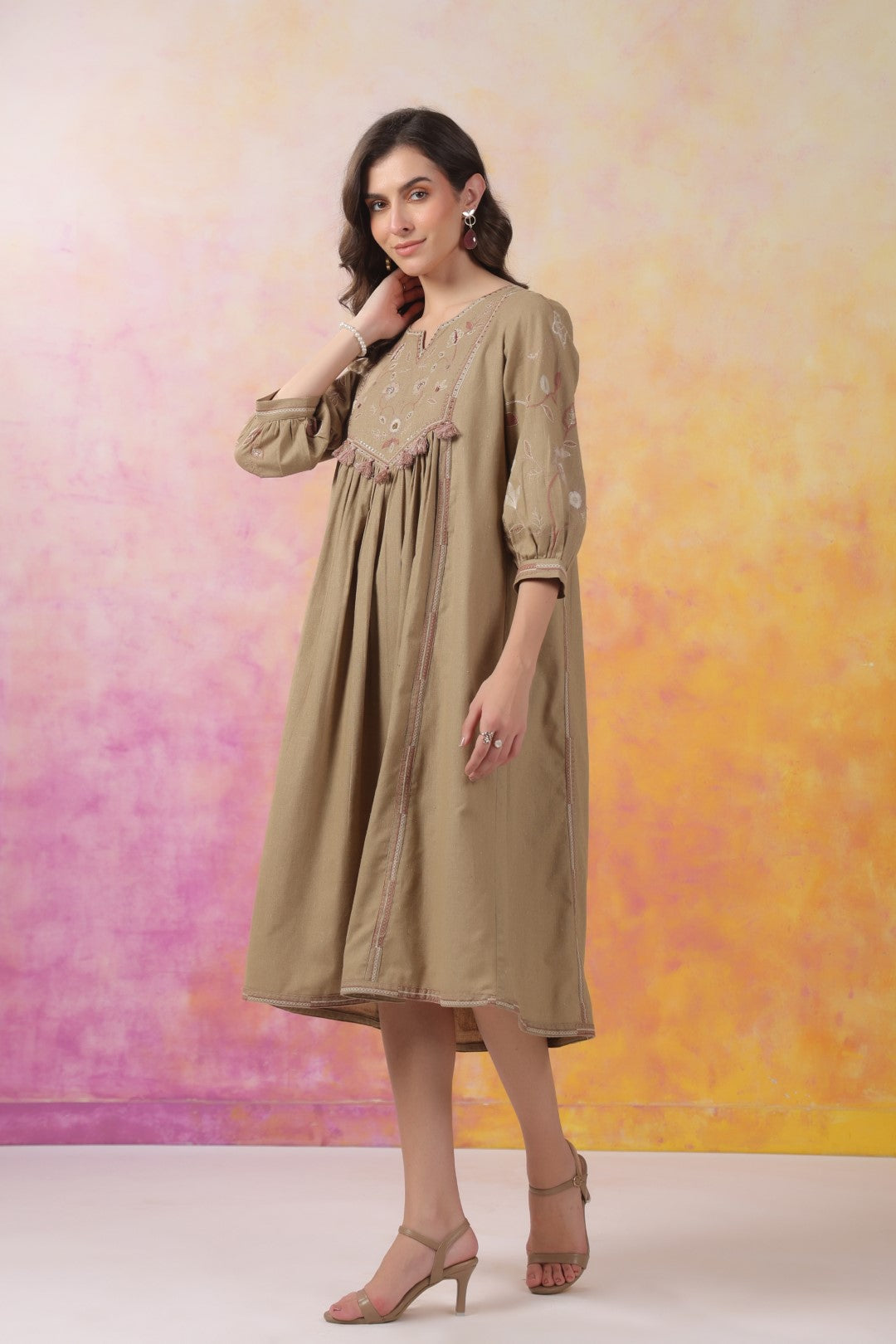 Nyaro Signature Cotton Flex Yoke Embroidered Dress – Olive