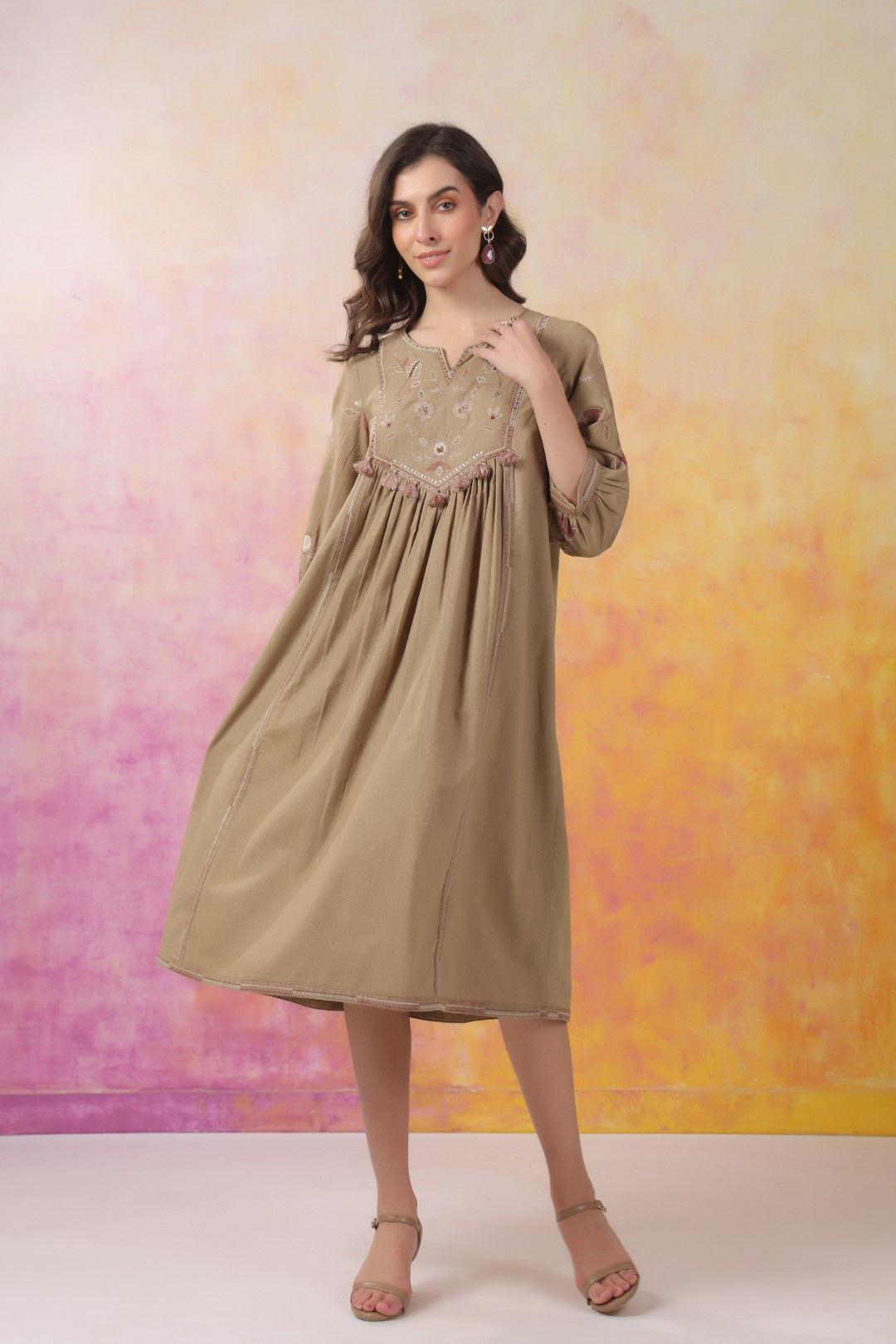 Nyaro Signature Cotton Flex Yoke Embroidered Dress – Olive
