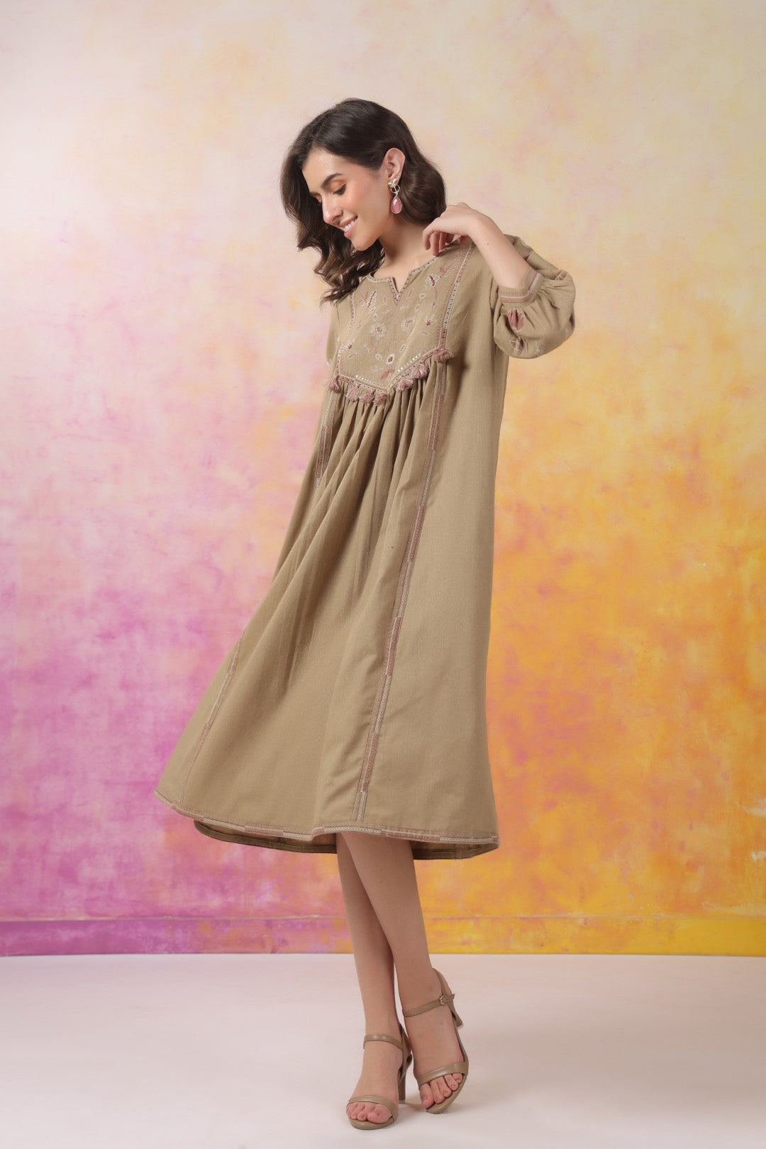 Nyaro Signature Cotton Flex Yoke Embroidered Dress – Olive
