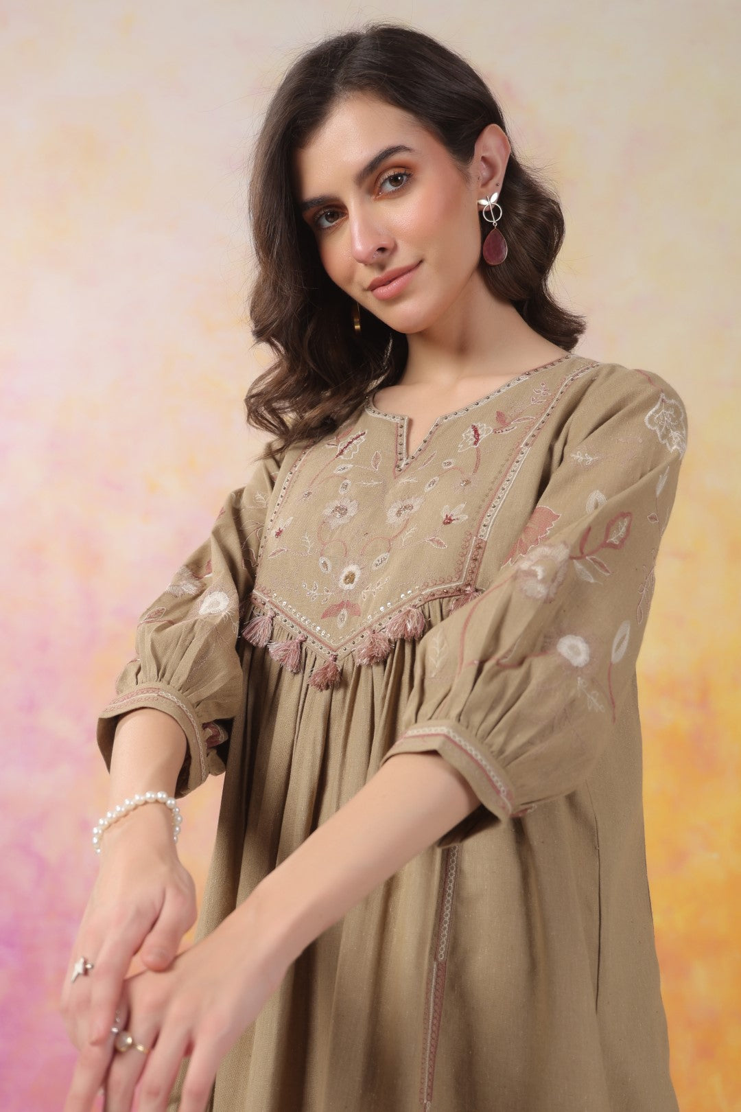 Nyaro Signature Cotton Flex Yoke Embroidered Dress – Olive