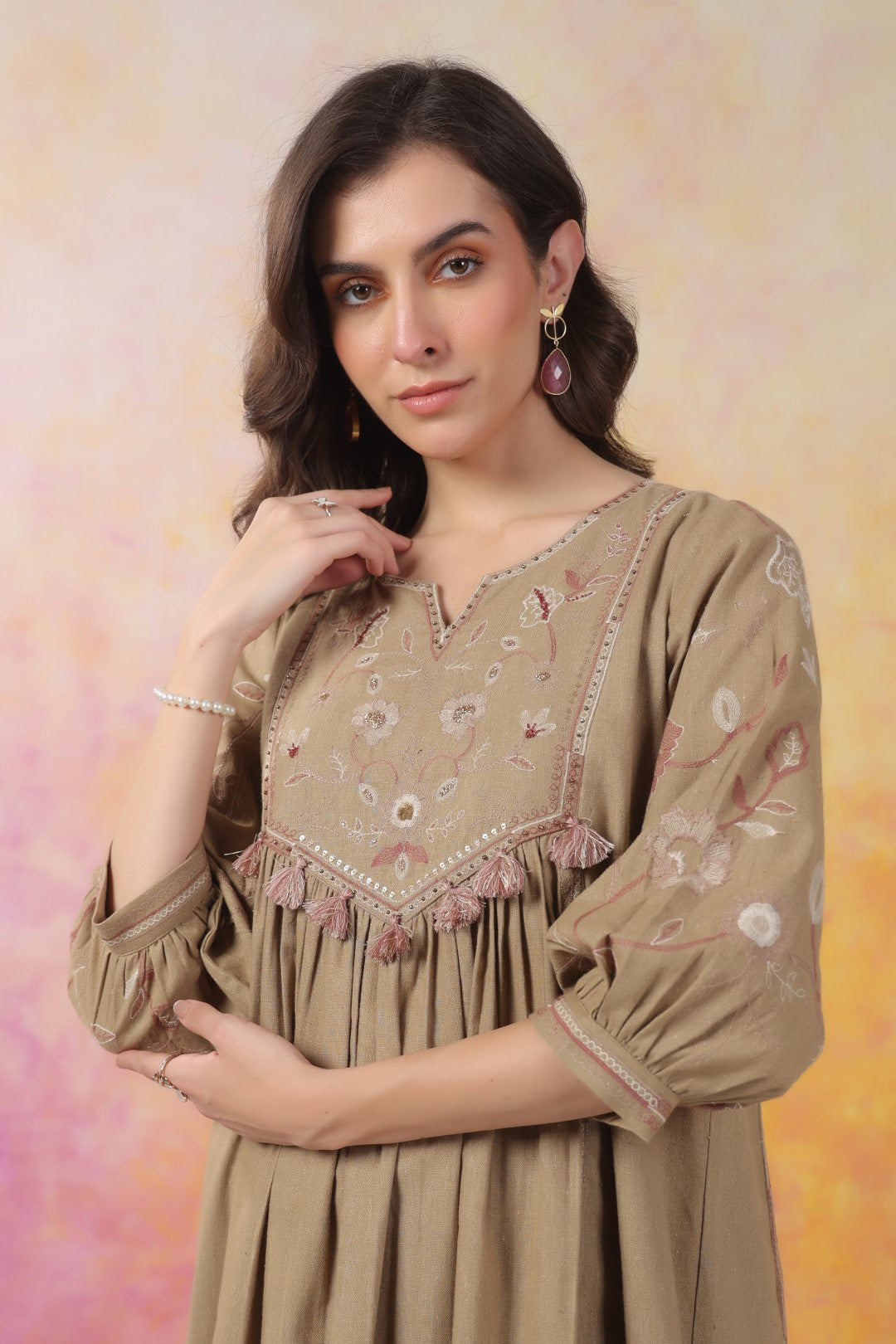 Nyaro Signature Cotton Flex Yoke Embroidered Dress – Olive