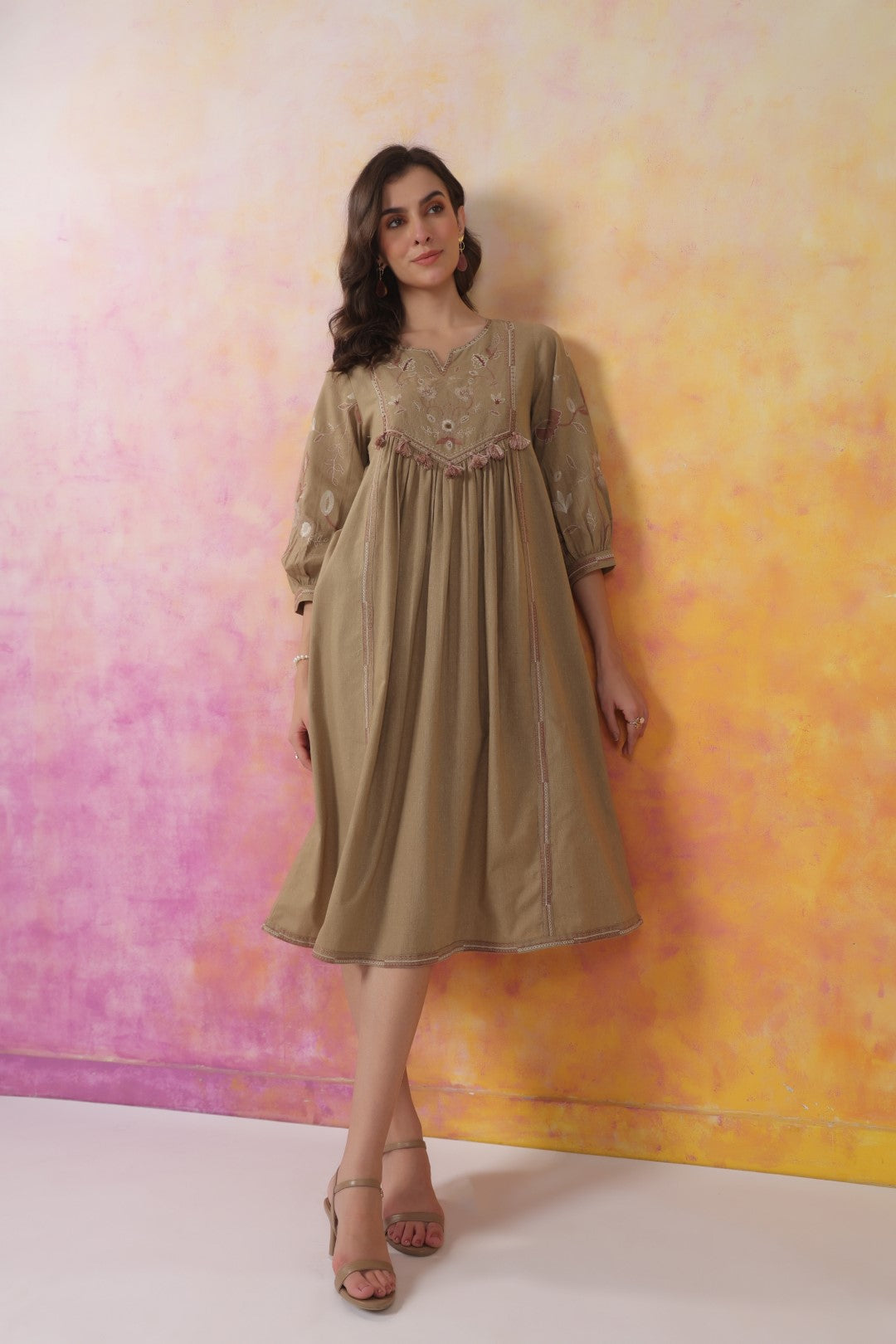 Nyaro Signature Cotton Flex Yoke Embroidered Dress – Olive