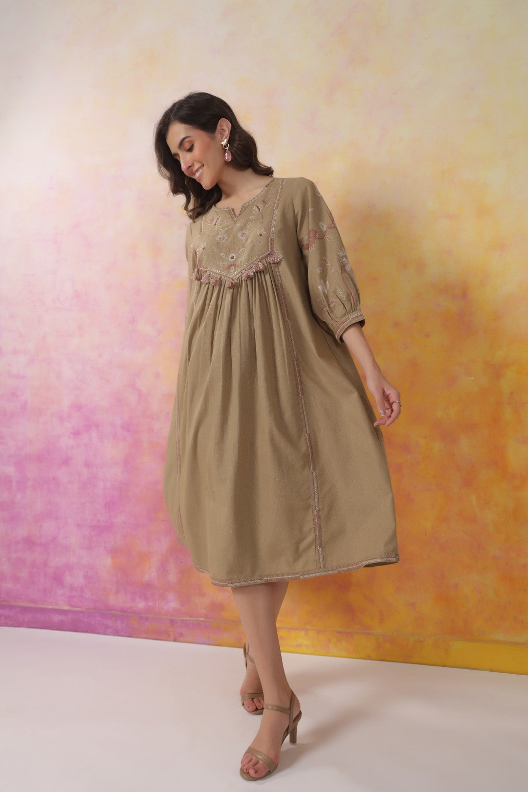 Nyaro Signature Cotton Flex Yoke Embroidered Dress – Olive