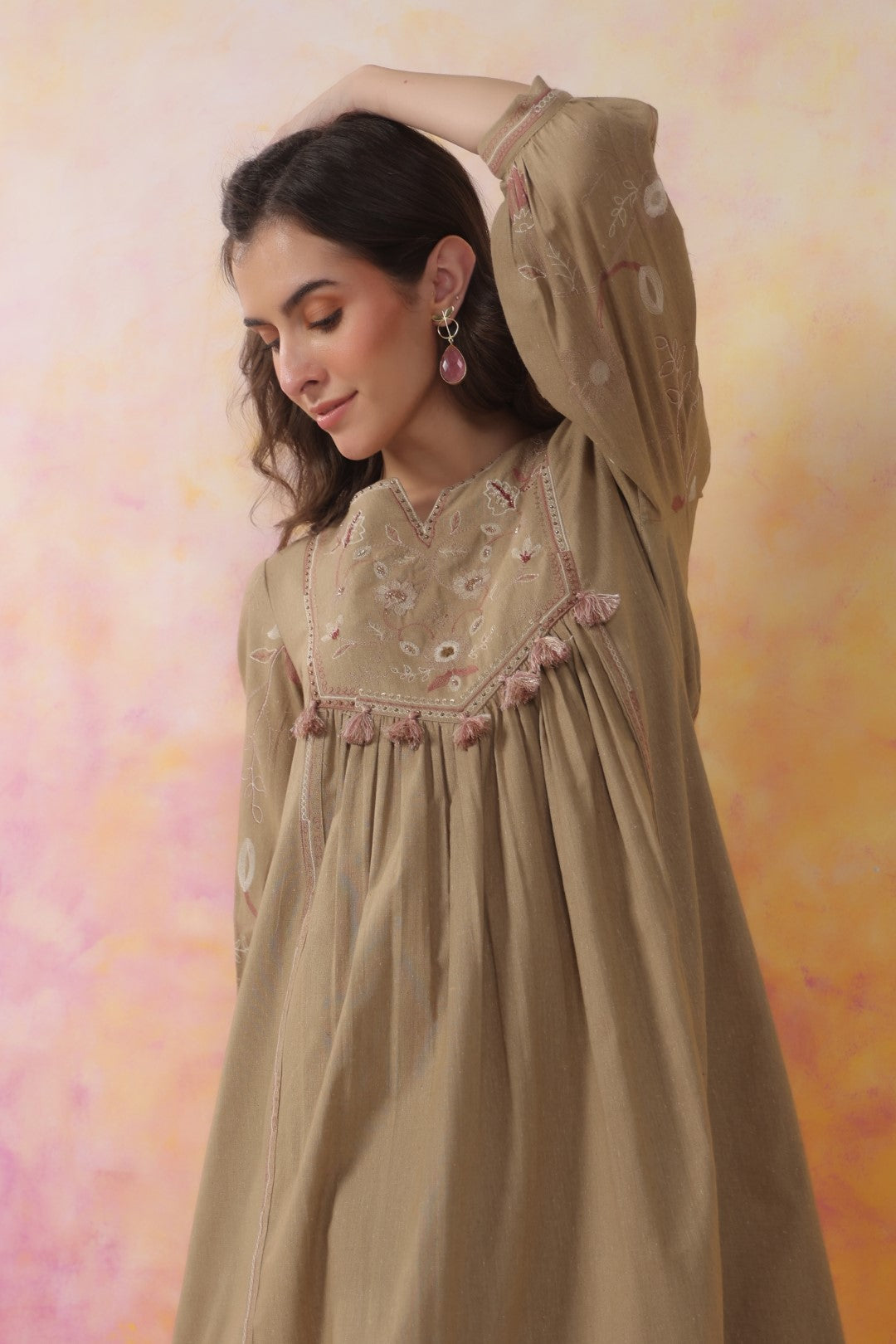 Nyaro Signature Cotton Flex Yoke Embroidered Dress – Olive