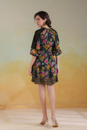 Women’s Black Viscose Rayon Printed Embroidered Dress