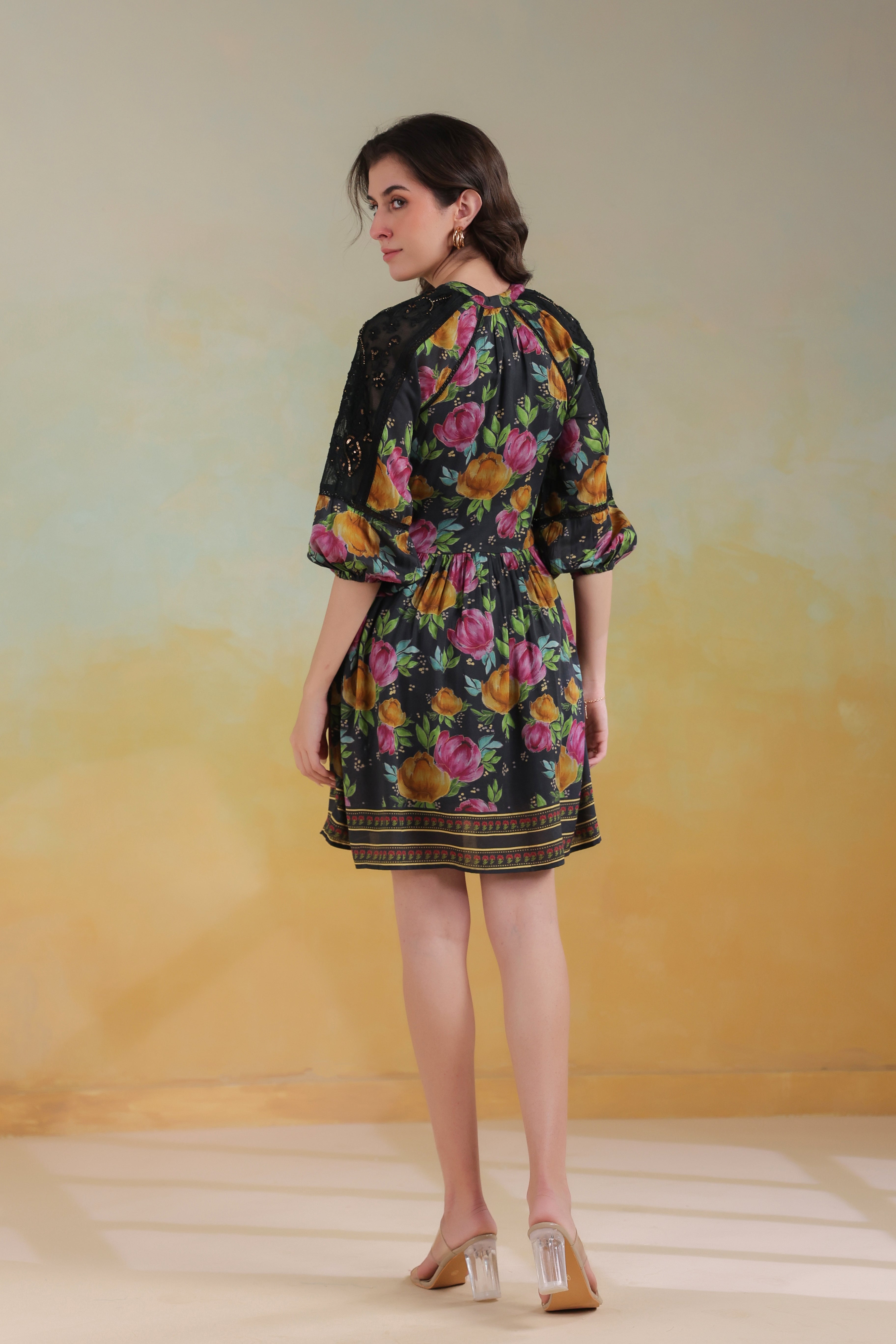 Women’s Black Viscose Rayon Printed Embroidered Dress