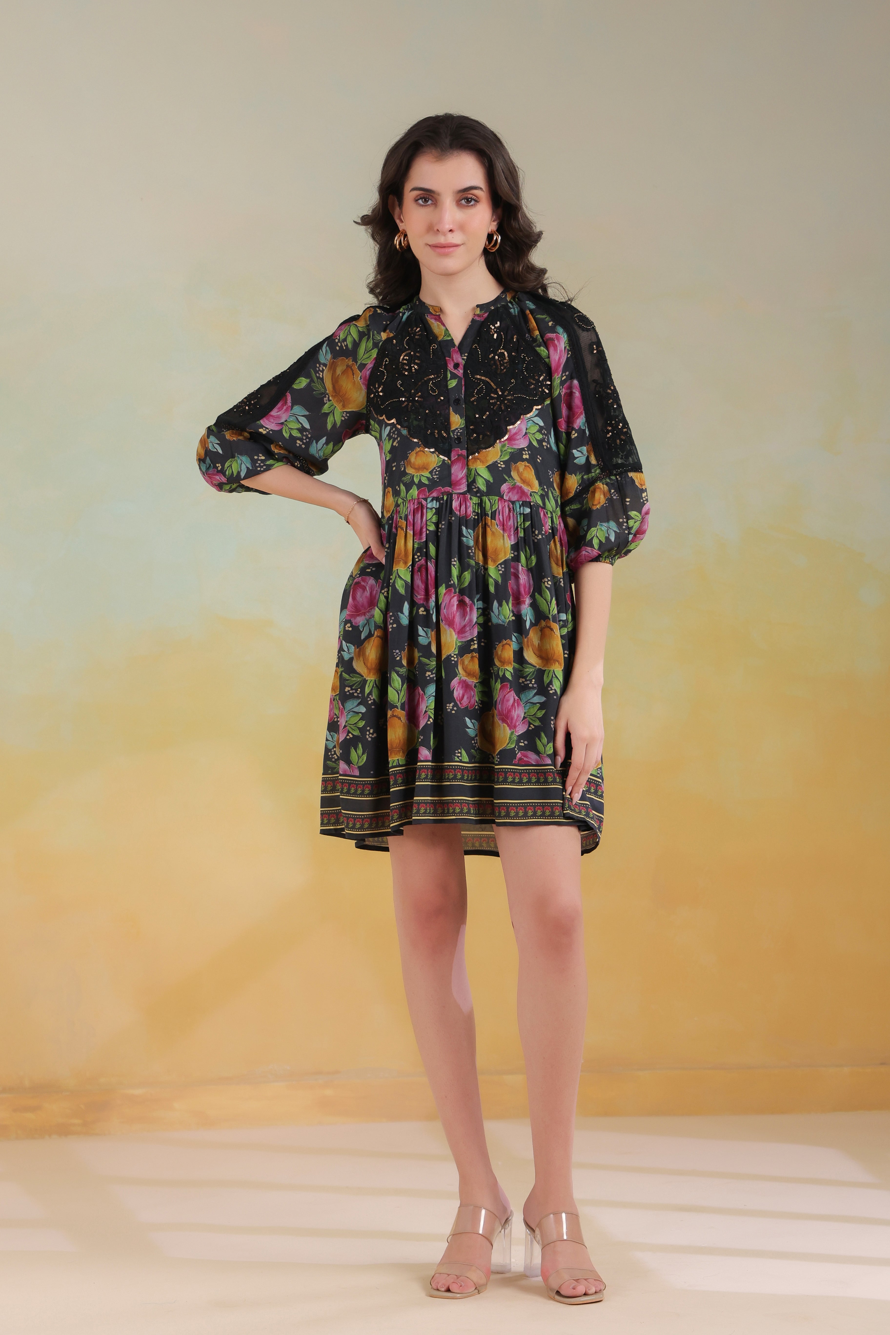 Women’s Black Viscose Rayon Printed Embroidered Dress