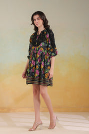 Women’s Black Viscose Rayon Printed Embroidered Dress