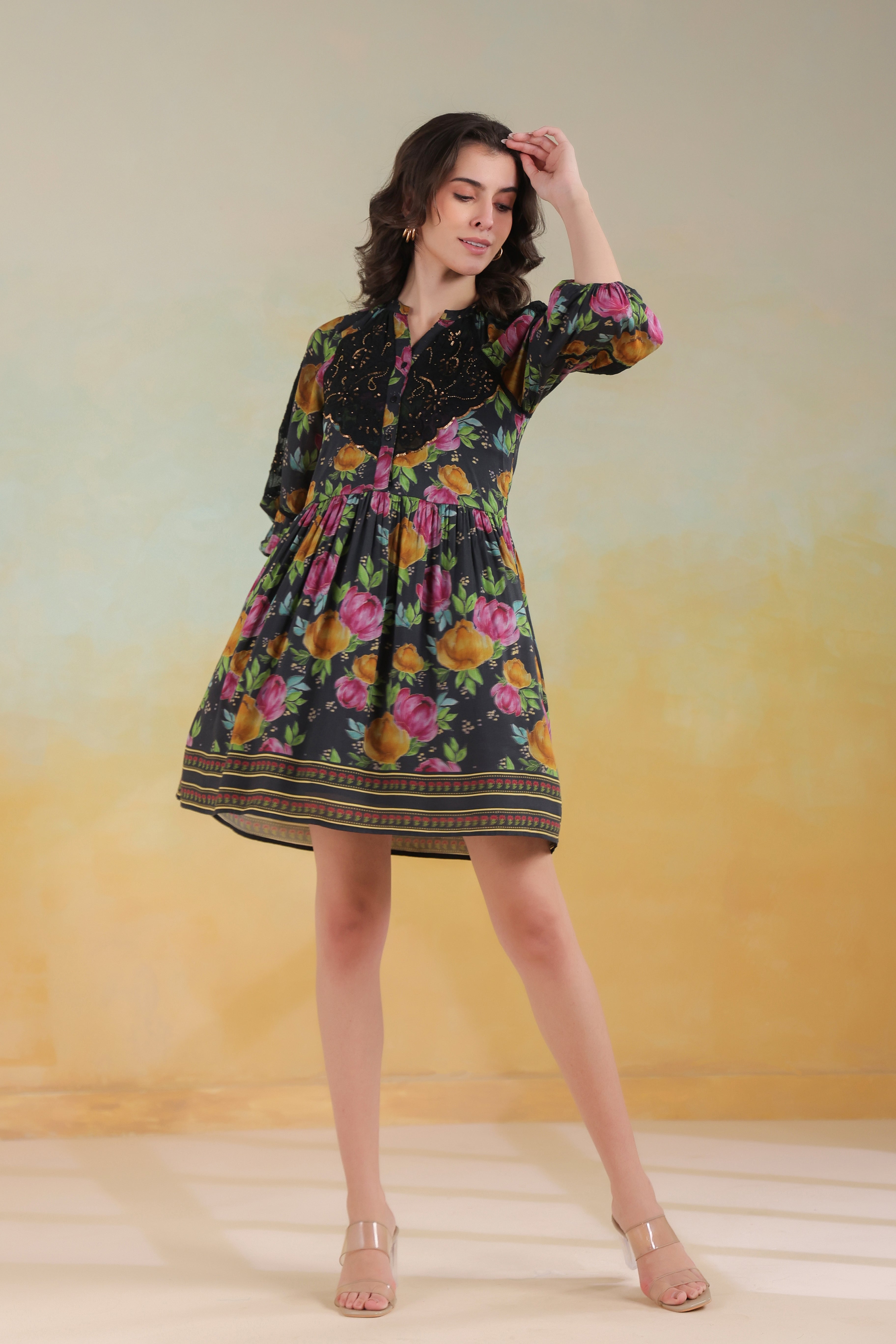 Women’s Black Viscose Rayon Printed Embroidered Dress
