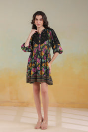 Women’s Black Viscose Rayon Printed Embroidered Dress