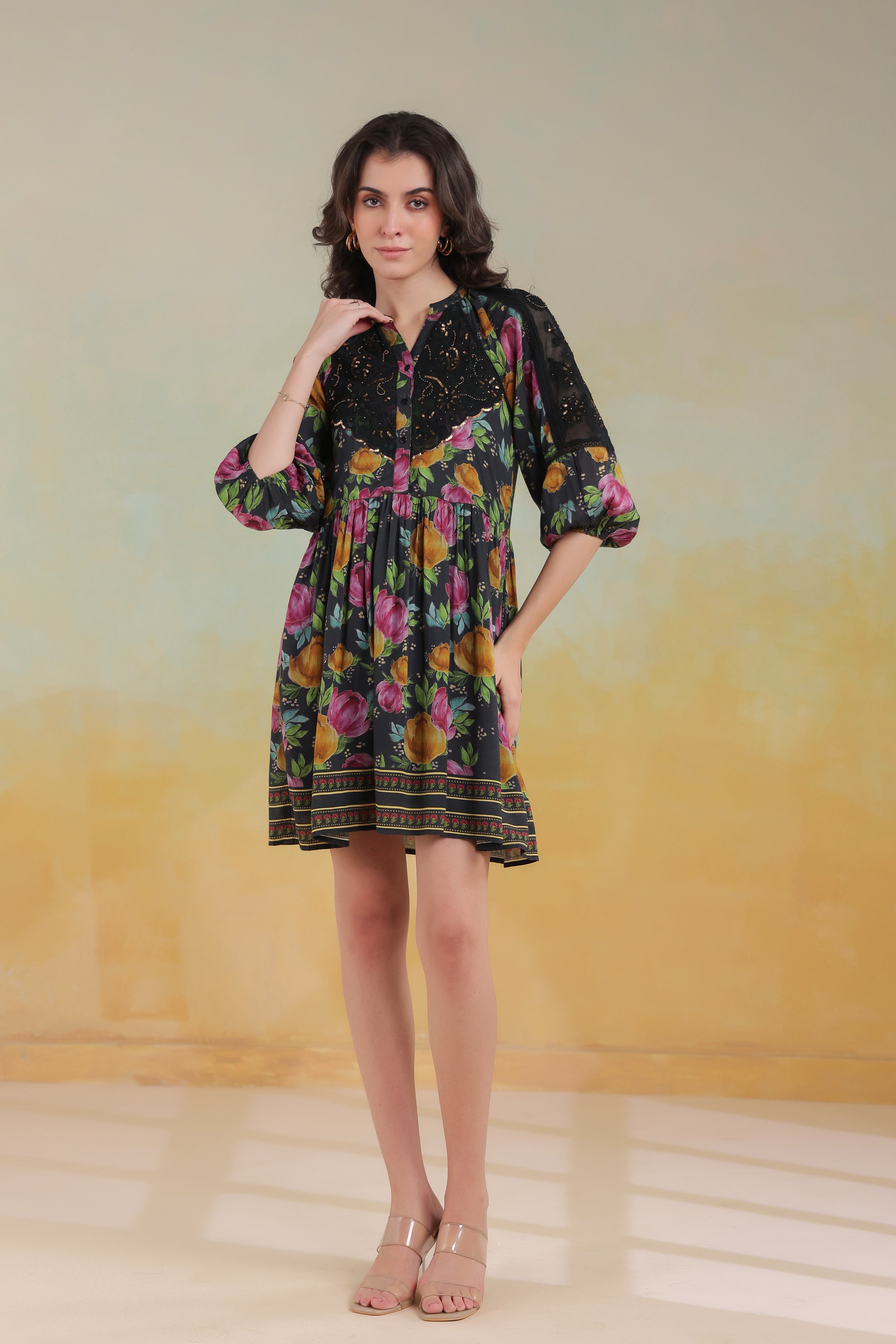 Women’s Black Viscose Rayon Printed Embroidered Dress