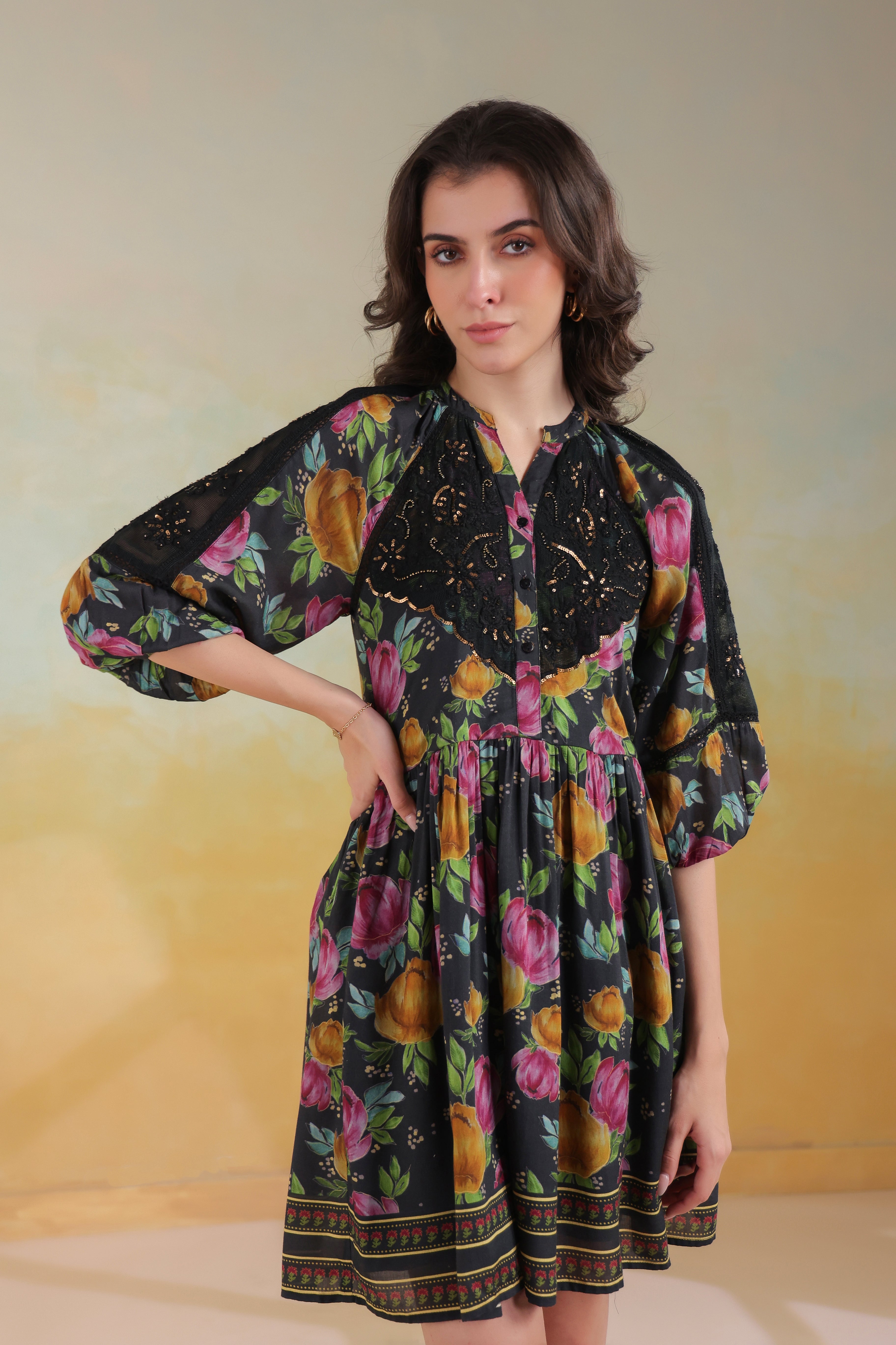 Women’s Black Viscose Rayon Printed Embroidered Dress