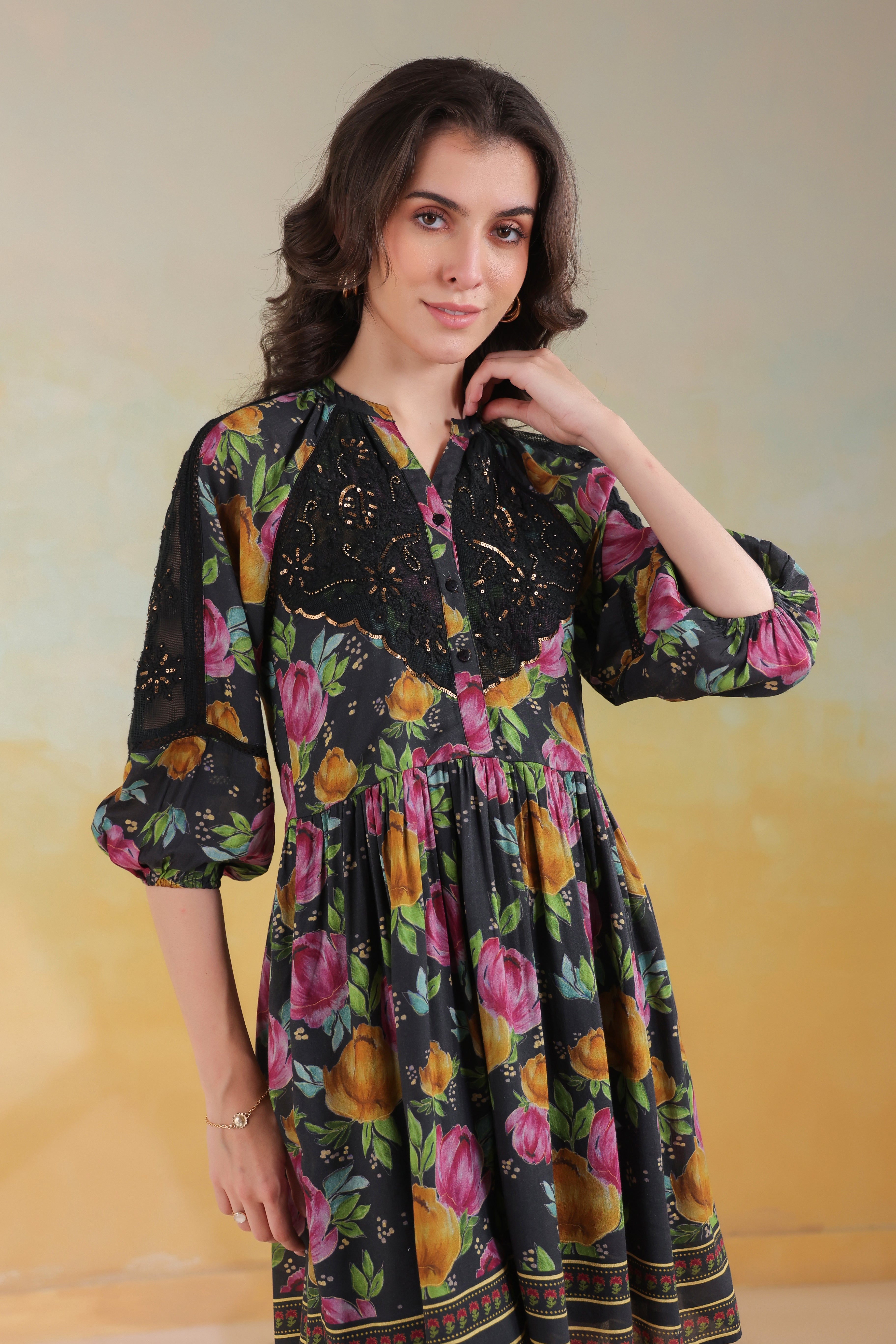 Women’s Black Viscose Rayon Printed Embroidered Dress