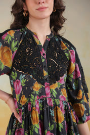 Women’s Black Viscose Rayon Printed Embroidered Dress
