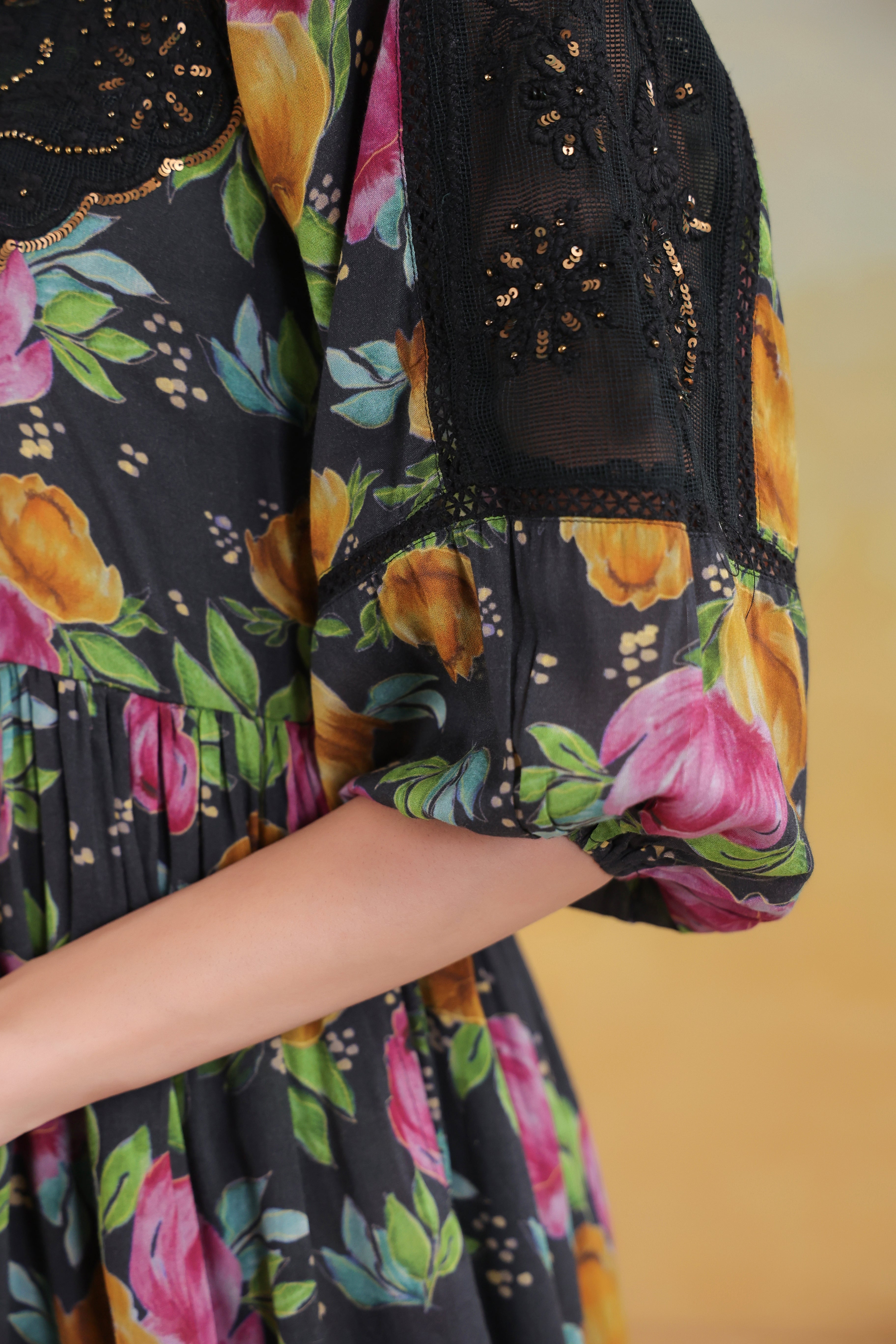 Women’s Black Viscose Rayon Printed Embroidered Dress