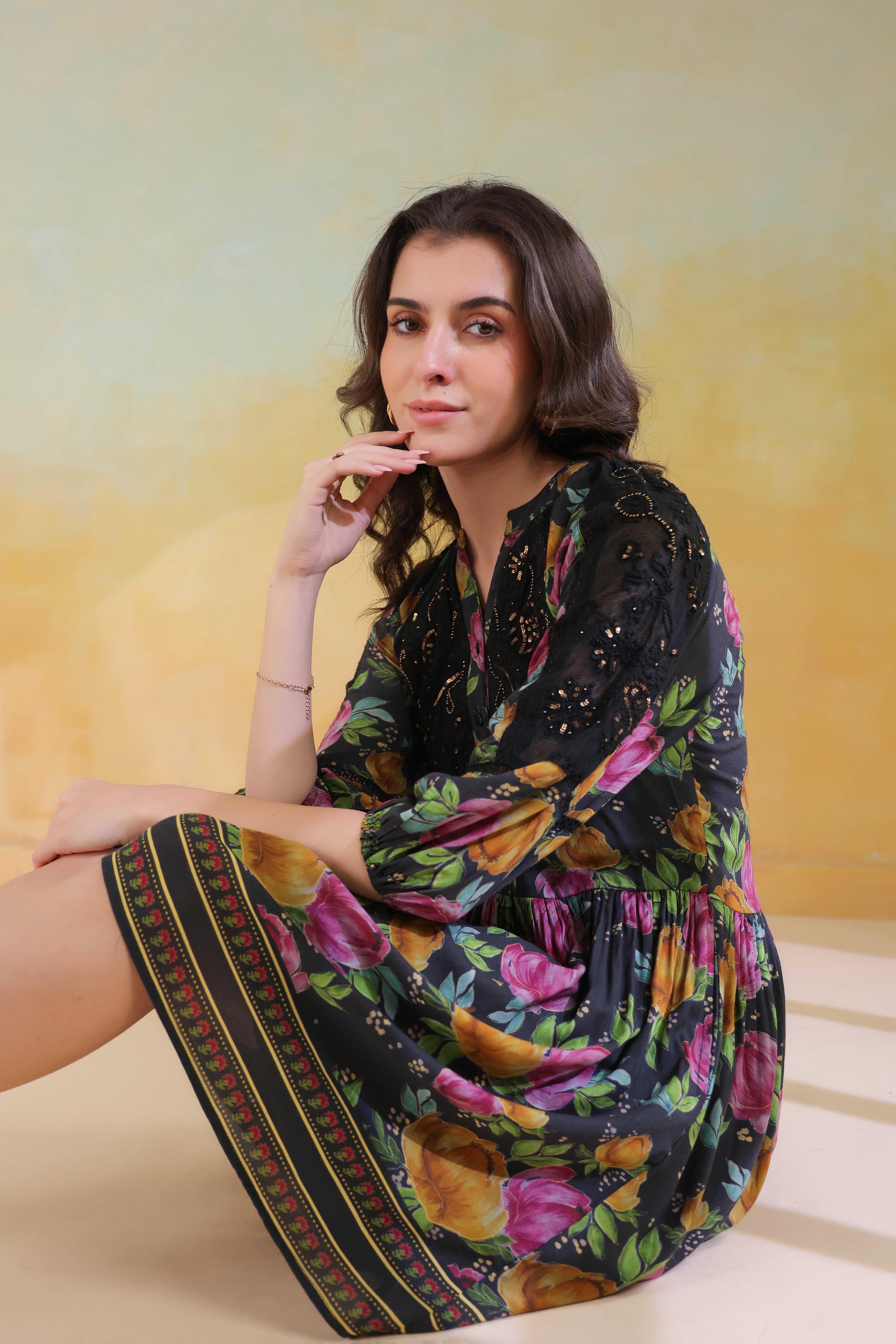 Women’s Black Viscose Rayon Printed Embroidered Dress