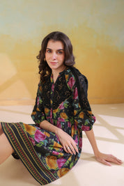 Women’s Black Viscose Rayon Printed Embroidered Dress