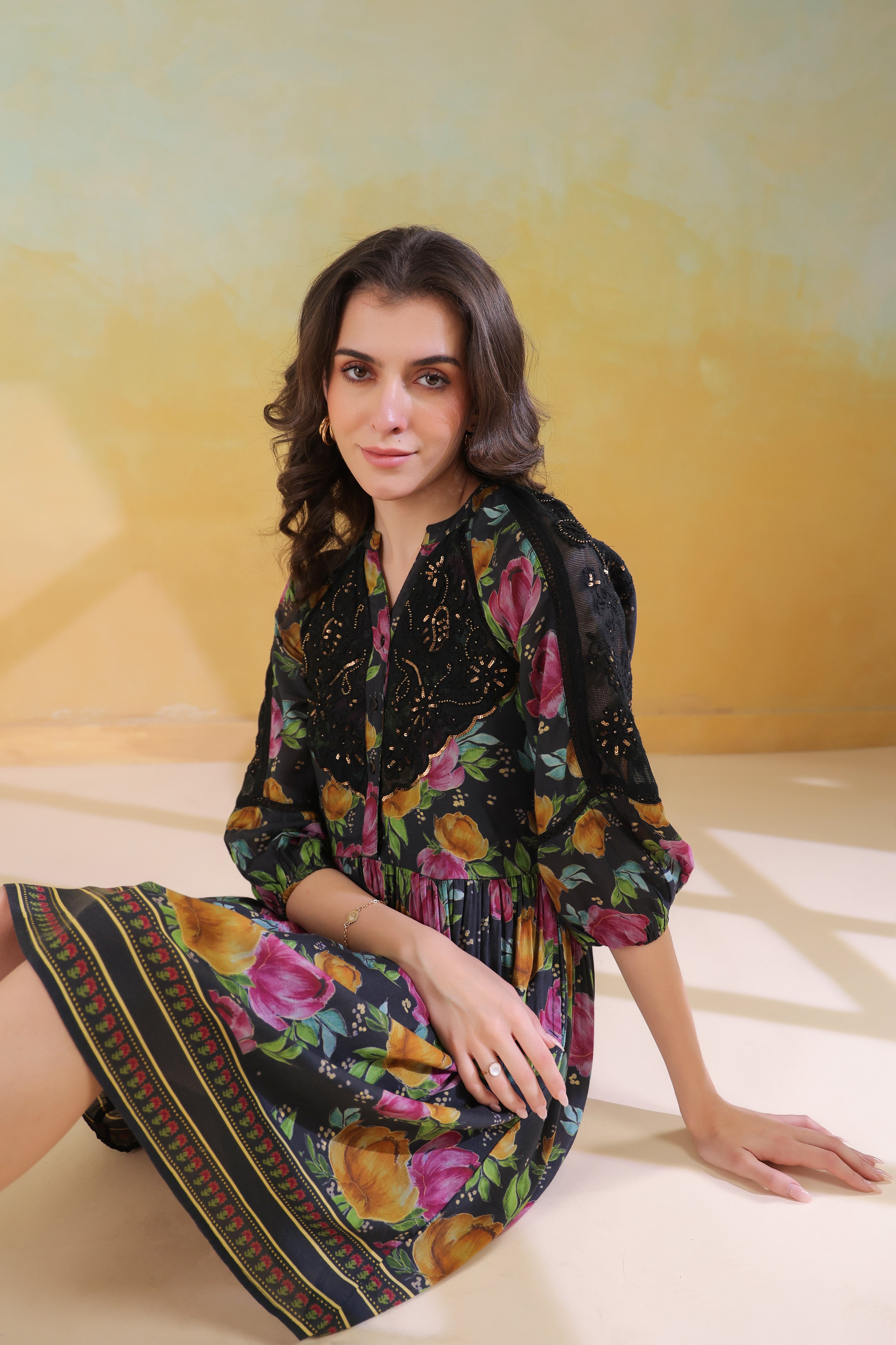 Women’s Black Viscose Rayon Printed Embroidered Dress
