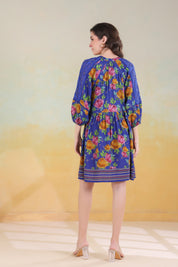 Women’s Blue Viscose Rayon Printed Embroidered Dress