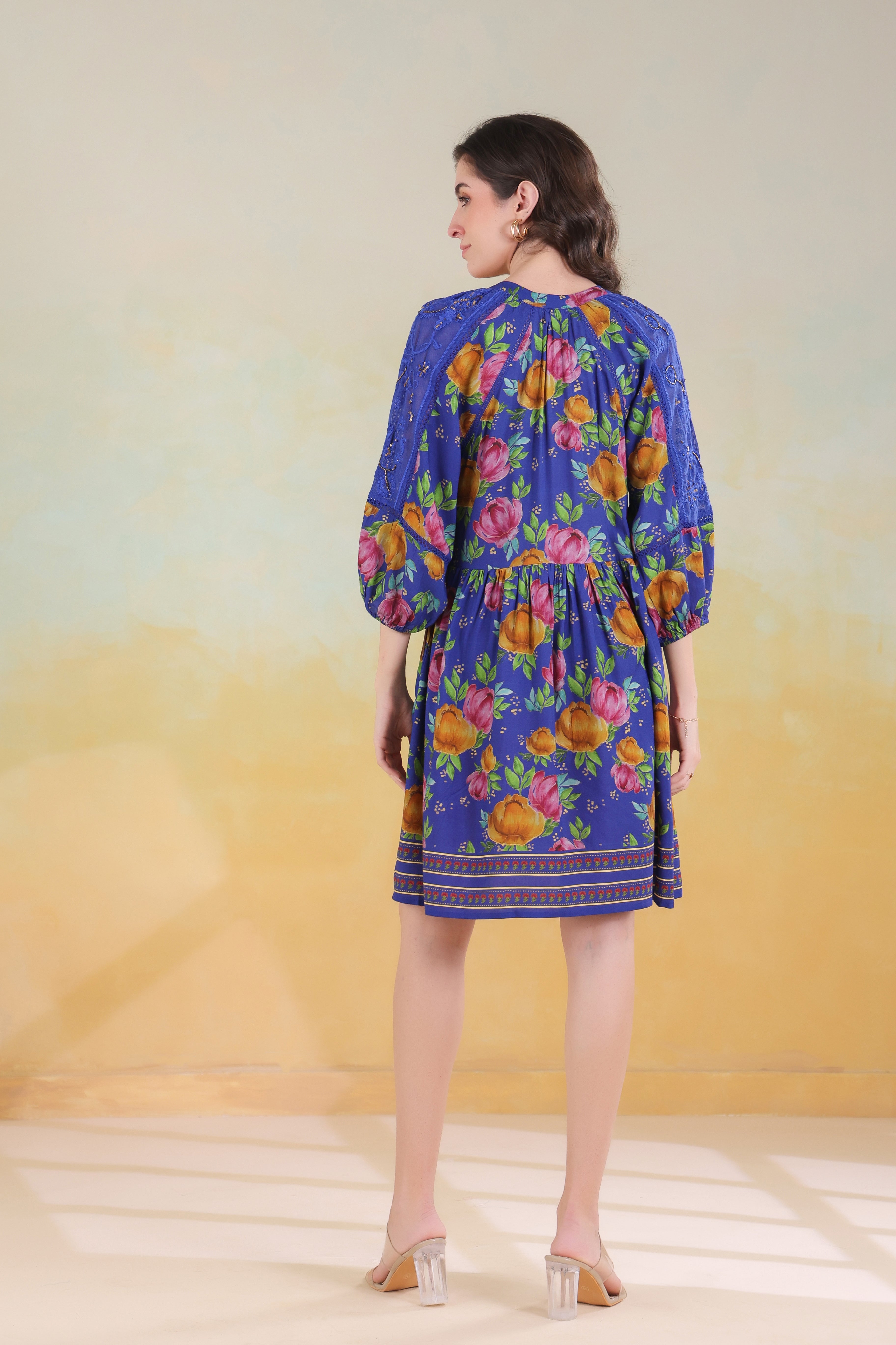 Women’s Blue Viscose Rayon Printed Embroidered Dress
