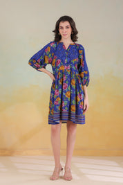Women’s Blue Viscose Rayon Printed Embroidered Dress