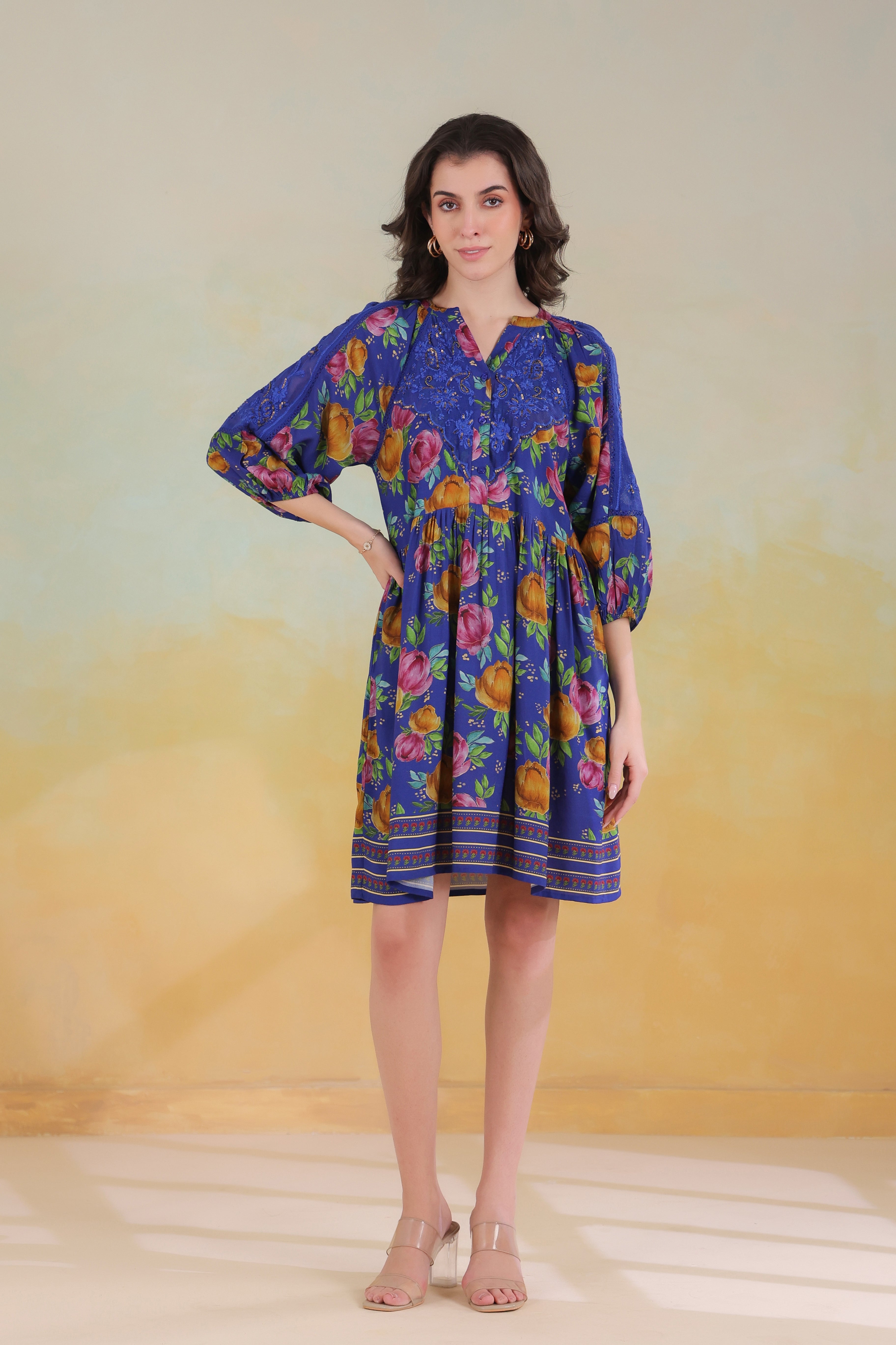 Women’s Blue Viscose Rayon Printed Embroidered Dress
