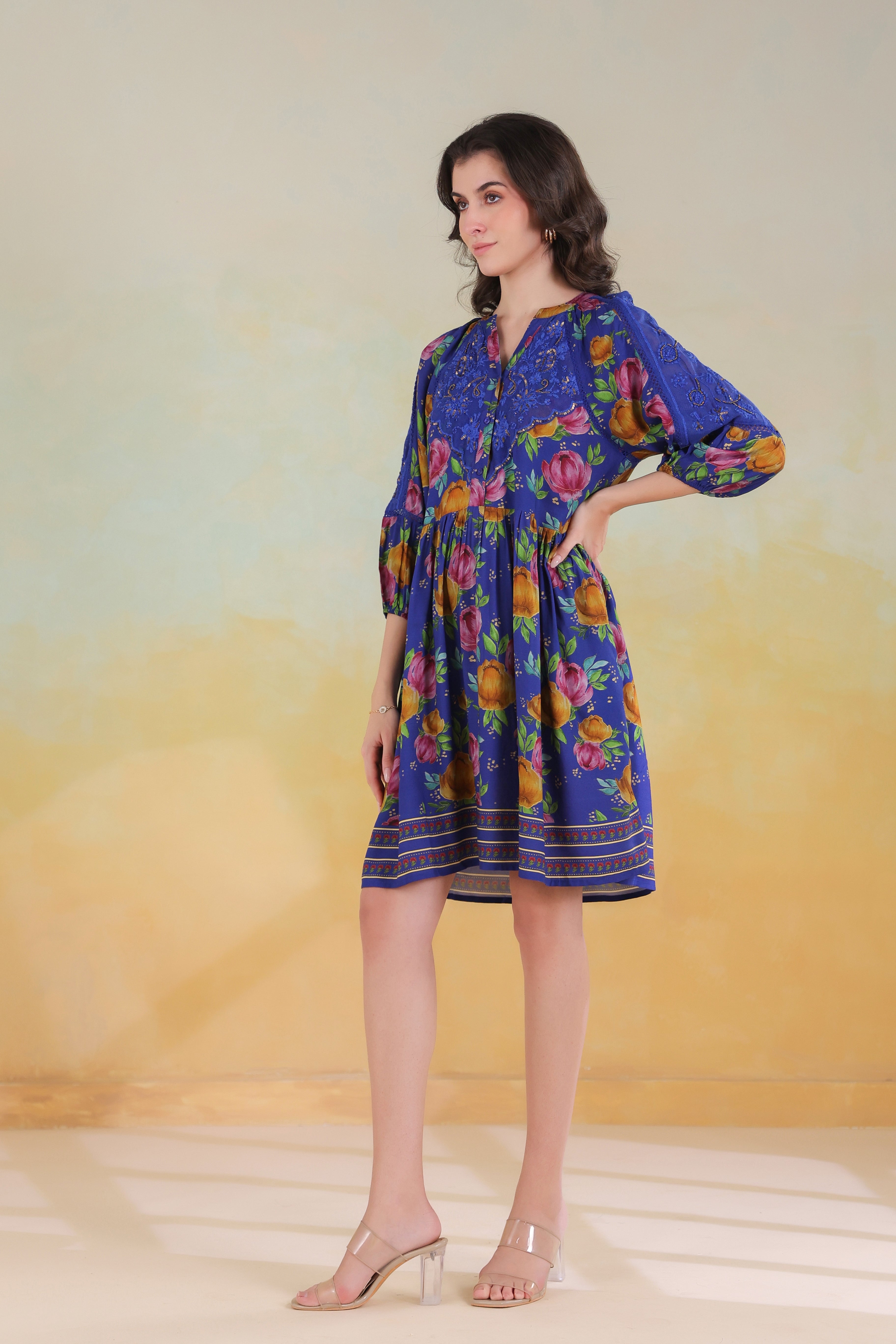 Women’s Blue Viscose Rayon Printed Embroidered Dress