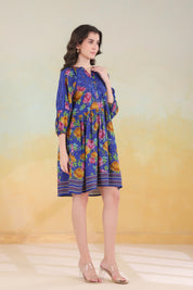 Women’s Blue Viscose Rayon Printed Embroidered Dress