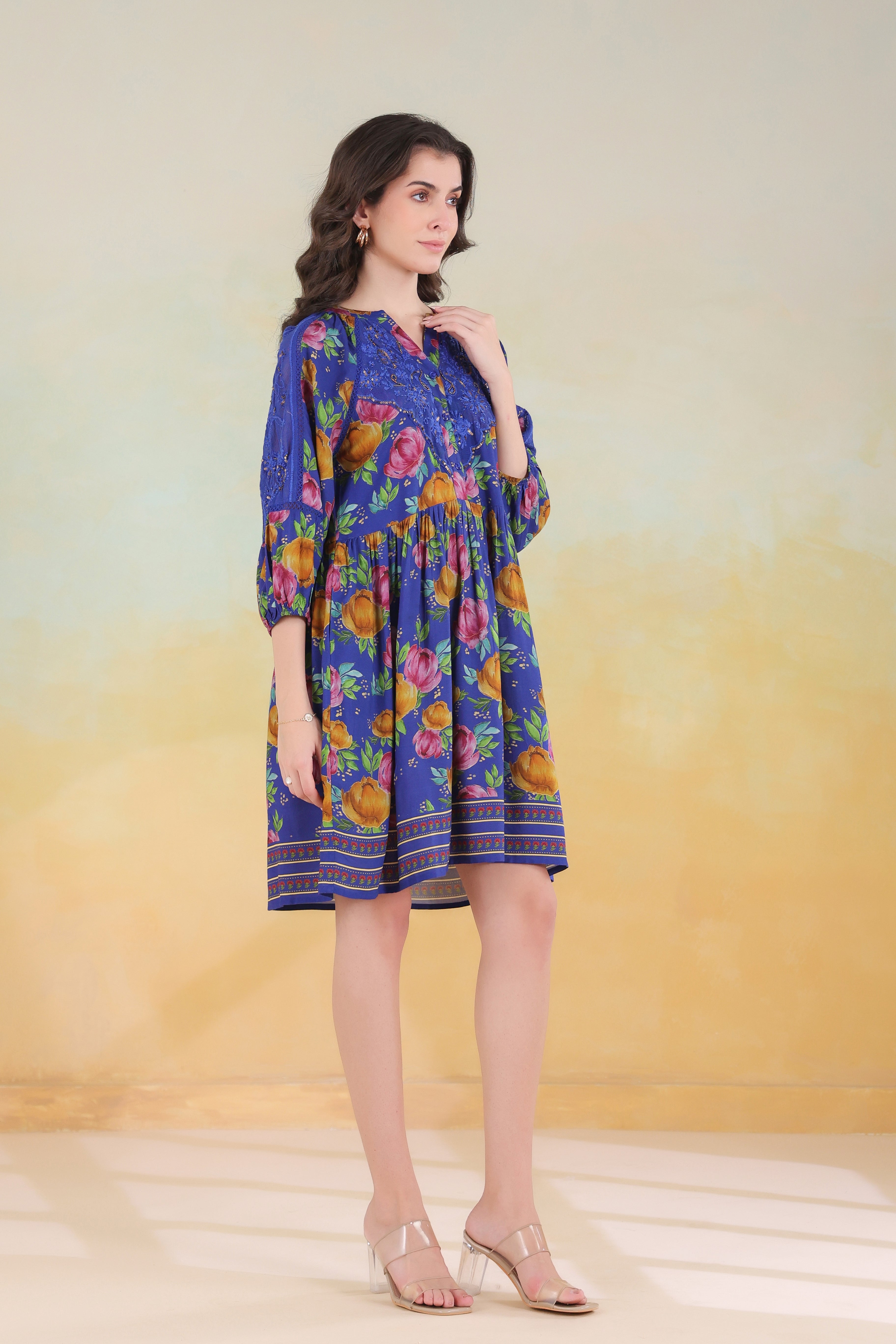 Women’s Blue Viscose Rayon Printed Embroidered Dress