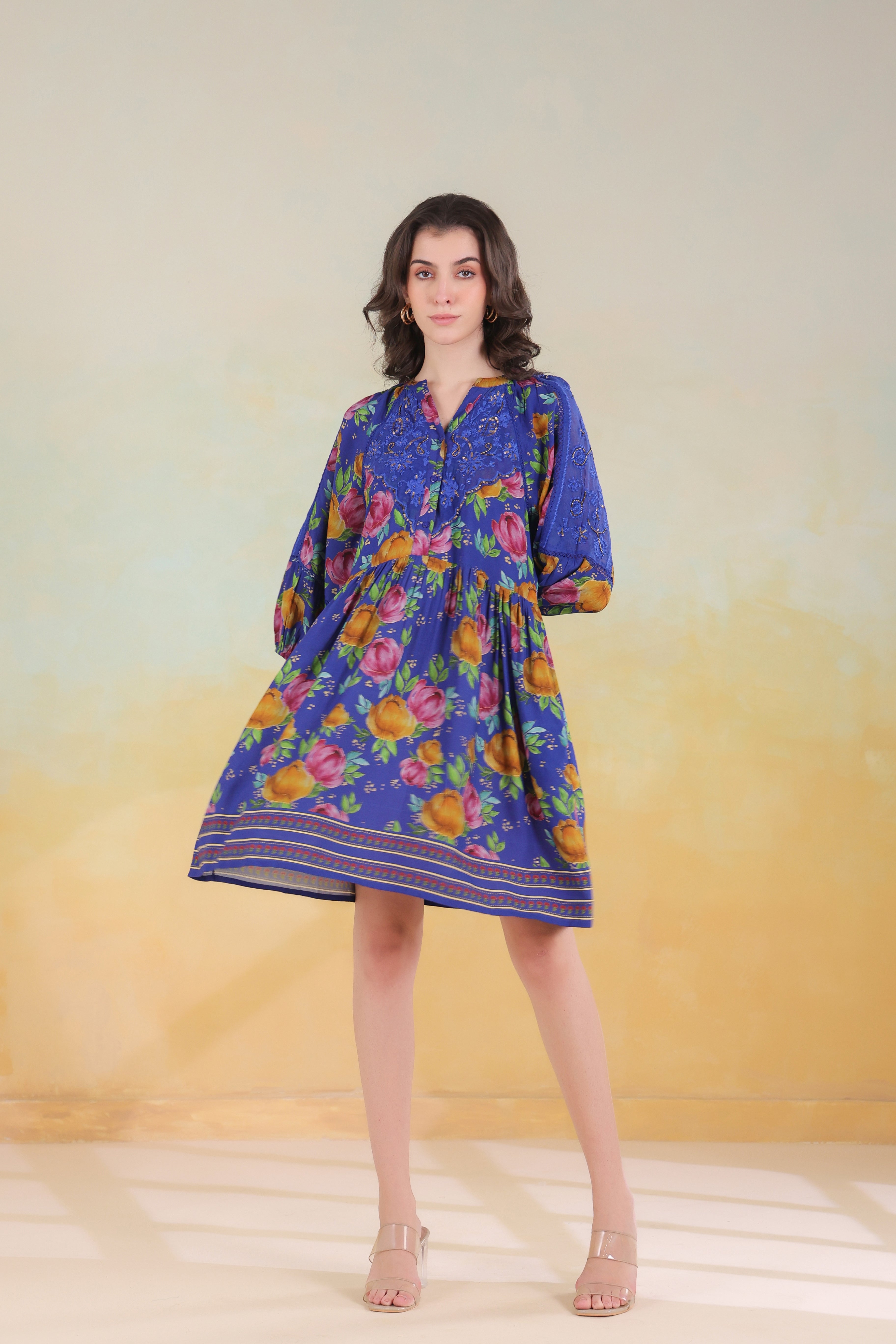 Women’s Blue Viscose Rayon Printed Embroidered Dress