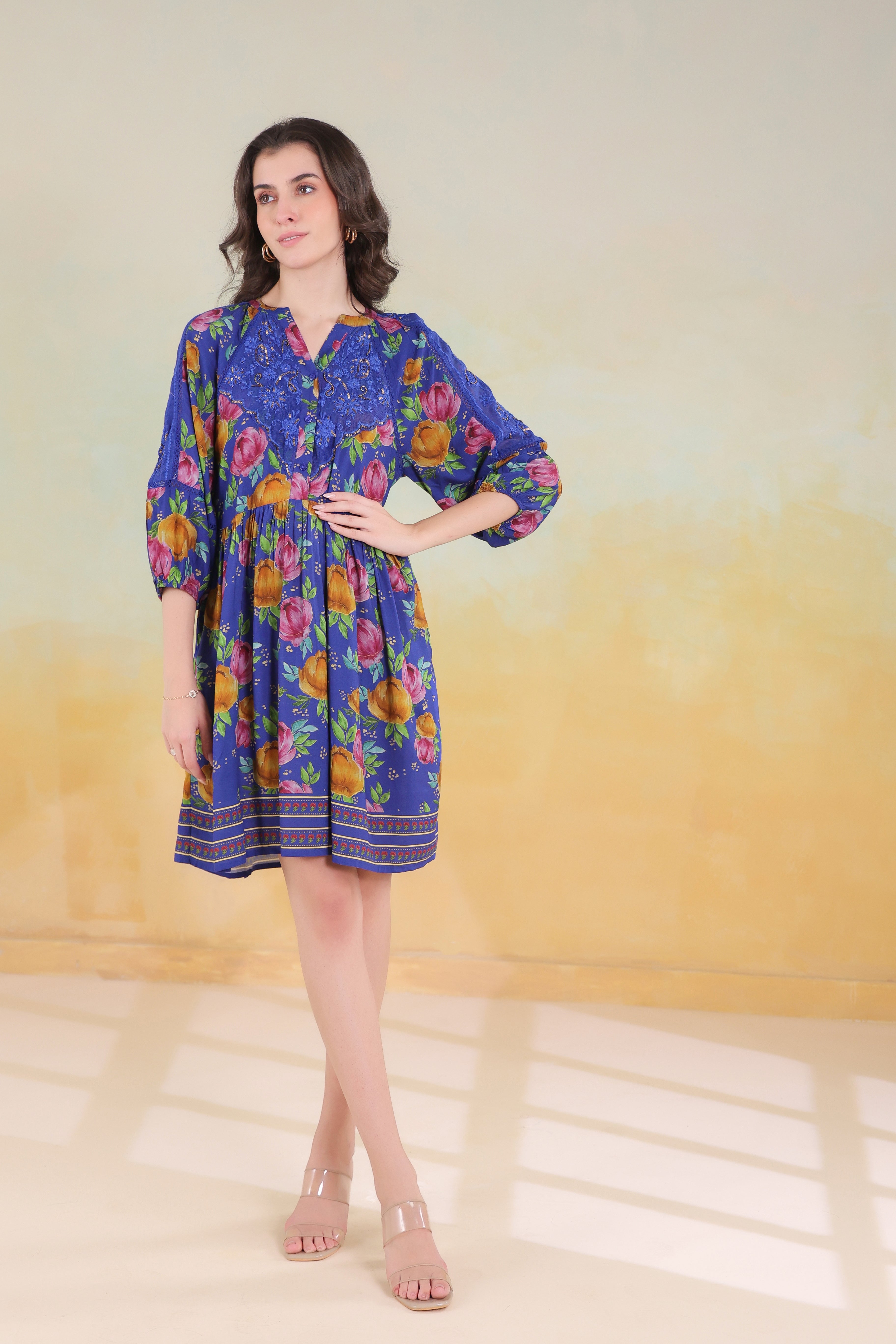Women’s Blue Viscose Rayon Printed Embroidered Dress