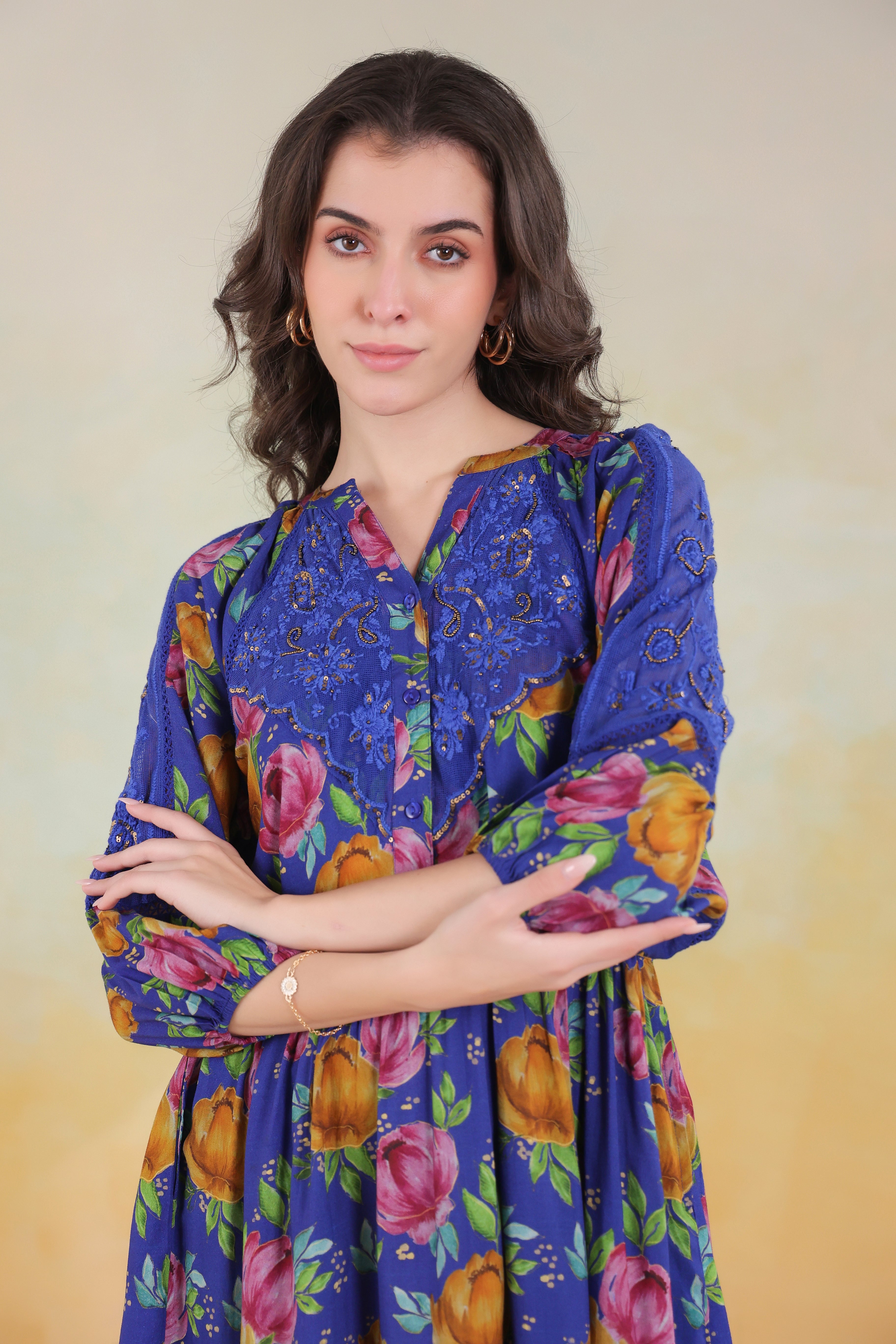Women’s Blue Viscose Rayon Printed Embroidered Dress