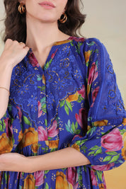 Women’s Blue Viscose Rayon Printed Embroidered Dress