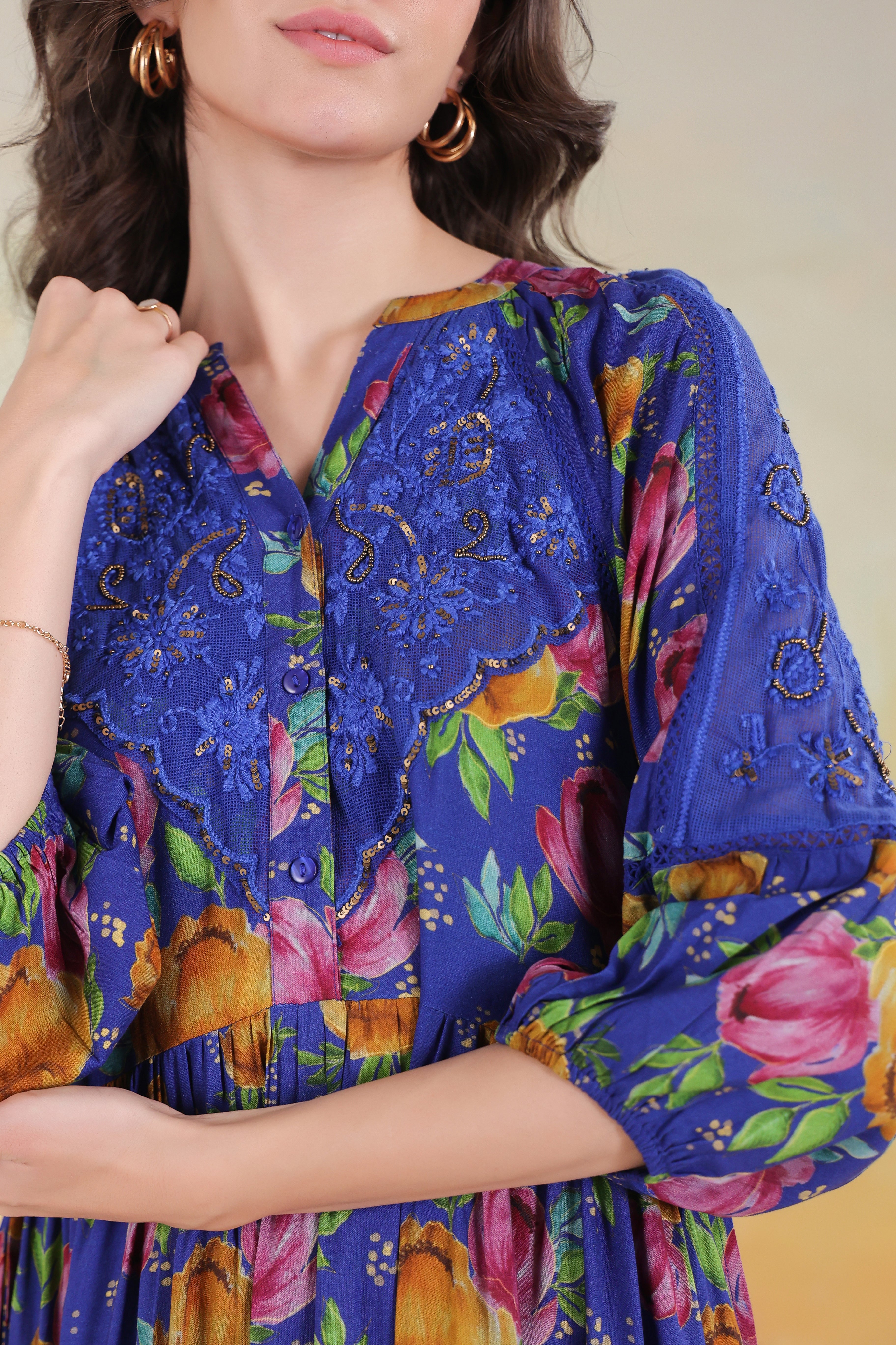 Women’s Blue Viscose Rayon Printed Embroidered Dress