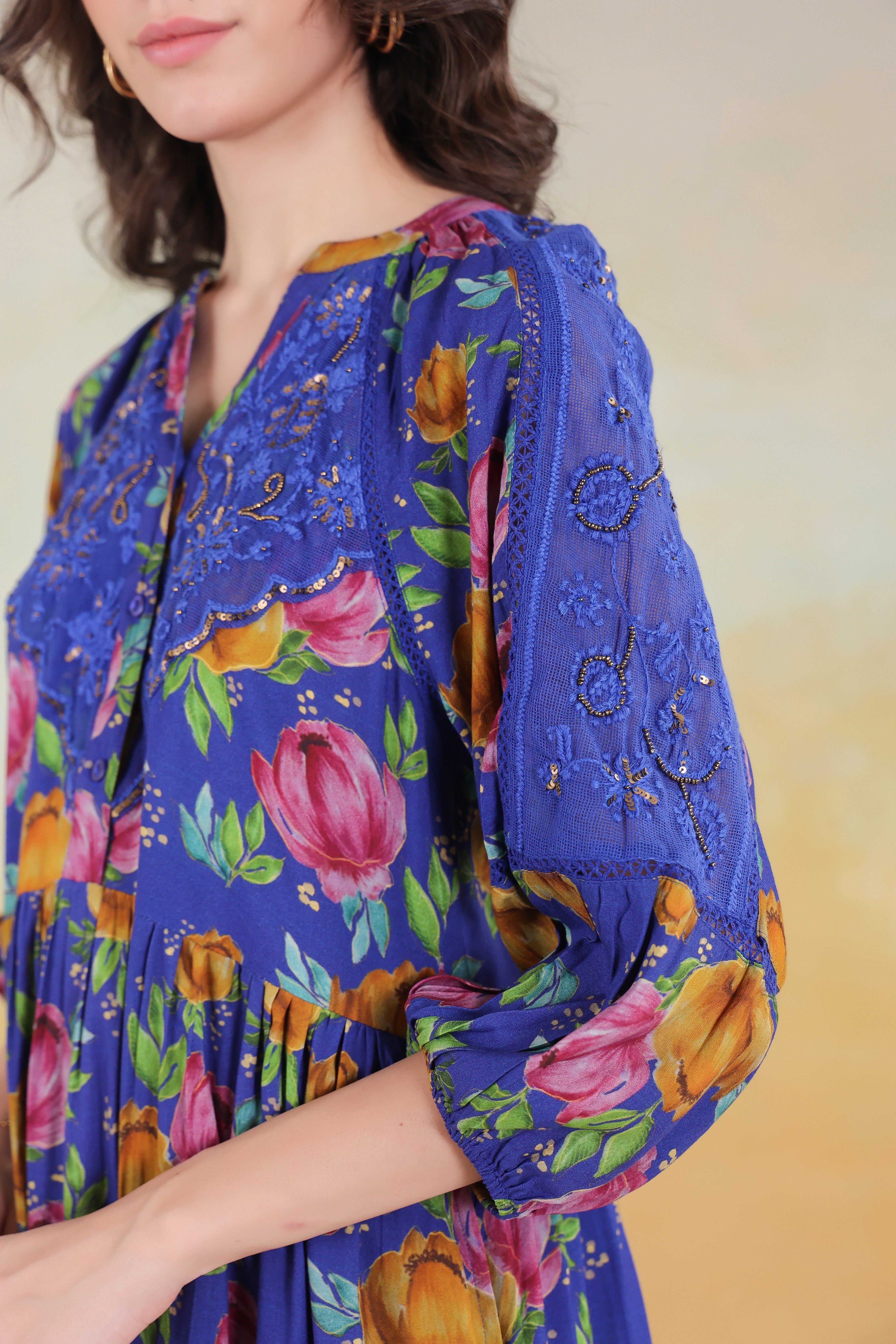 Women’s Blue Viscose Rayon Printed Embroidered Dress
