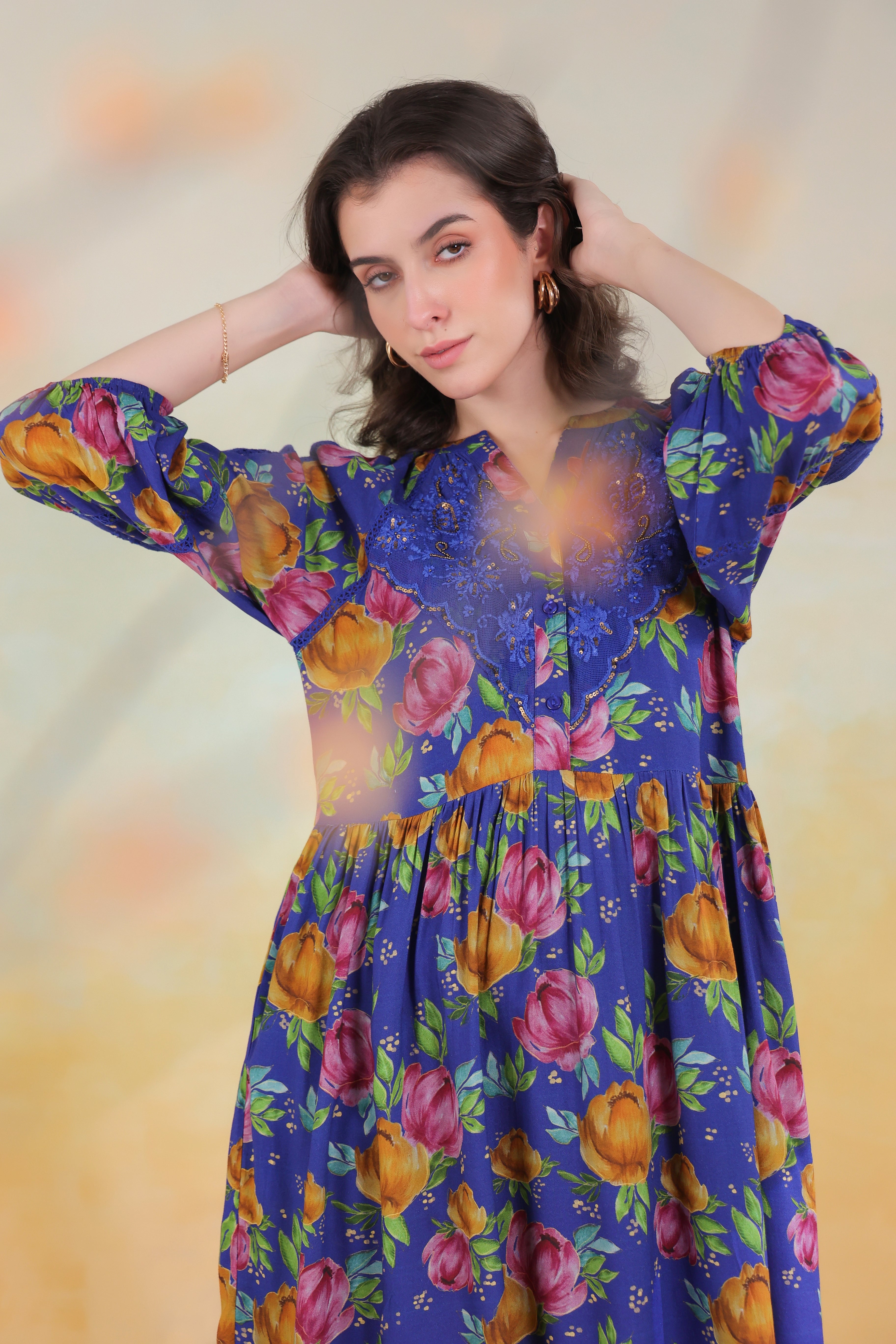 Women’s Blue Viscose Rayon Printed Embroidered Dress
