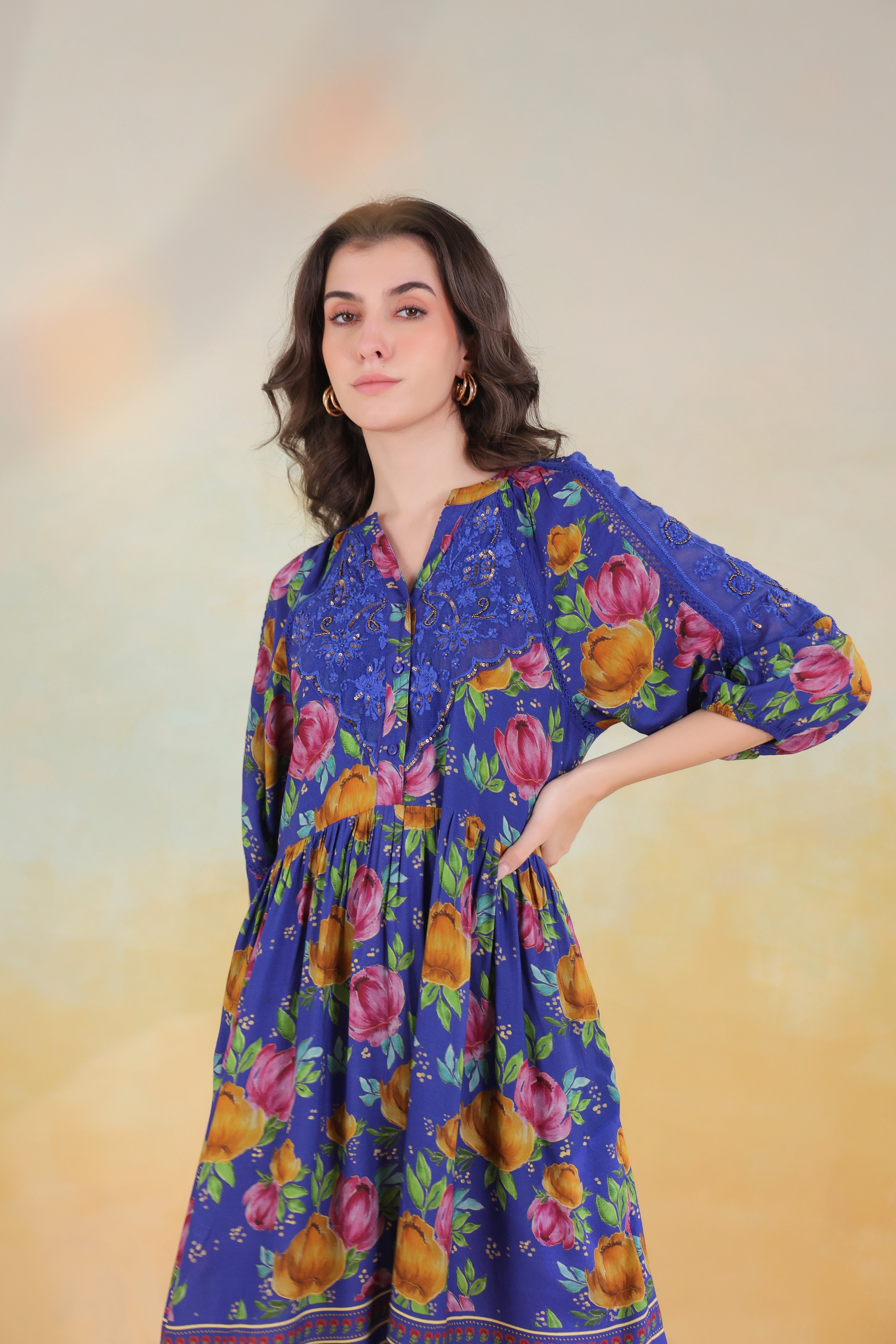 Women’s Blue Viscose Rayon Printed Embroidered Dress