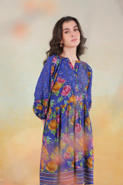 Women’s Blue Viscose Rayon Printed Embroidered Dress