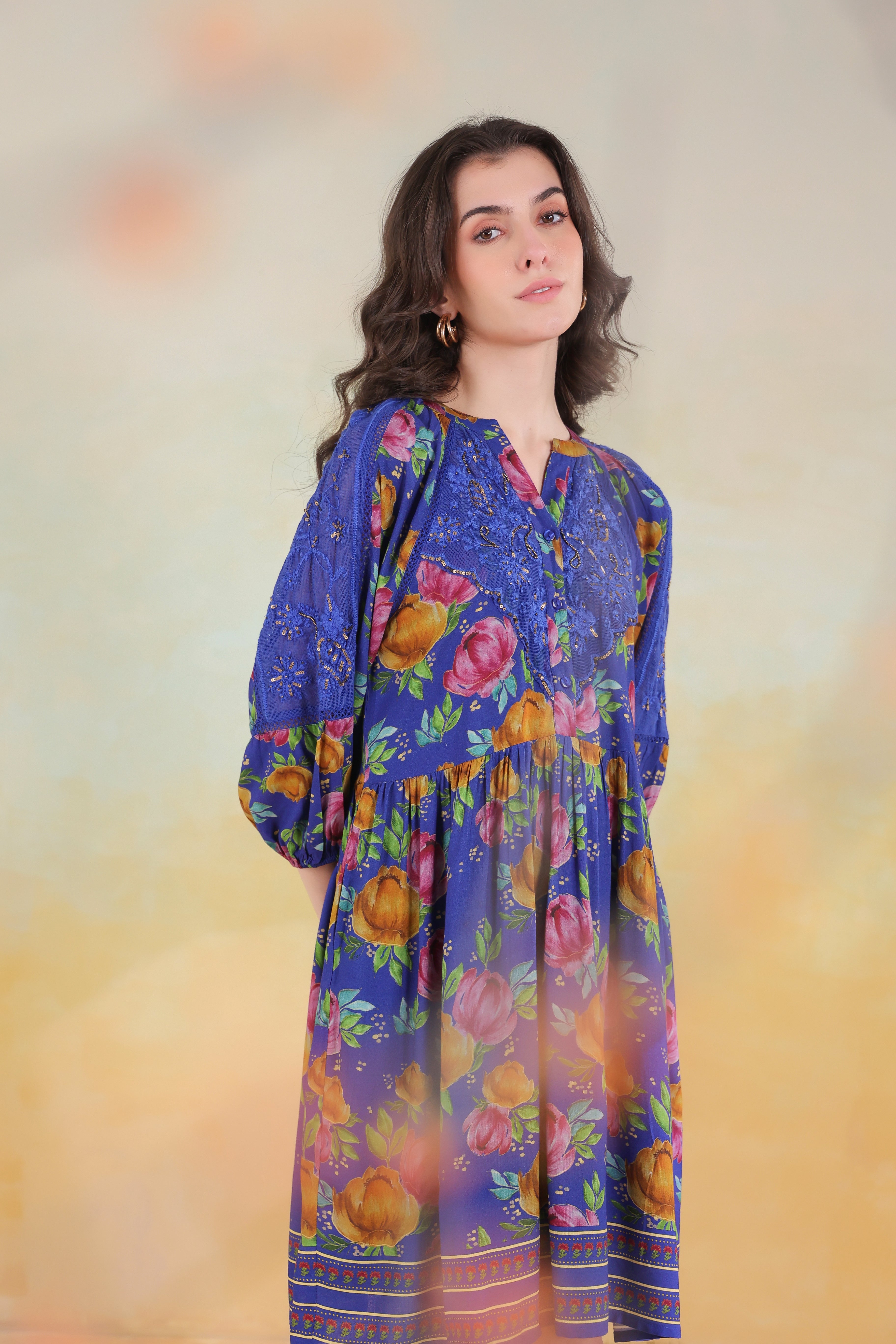 Women’s Blue Viscose Rayon Printed Embroidered Dress