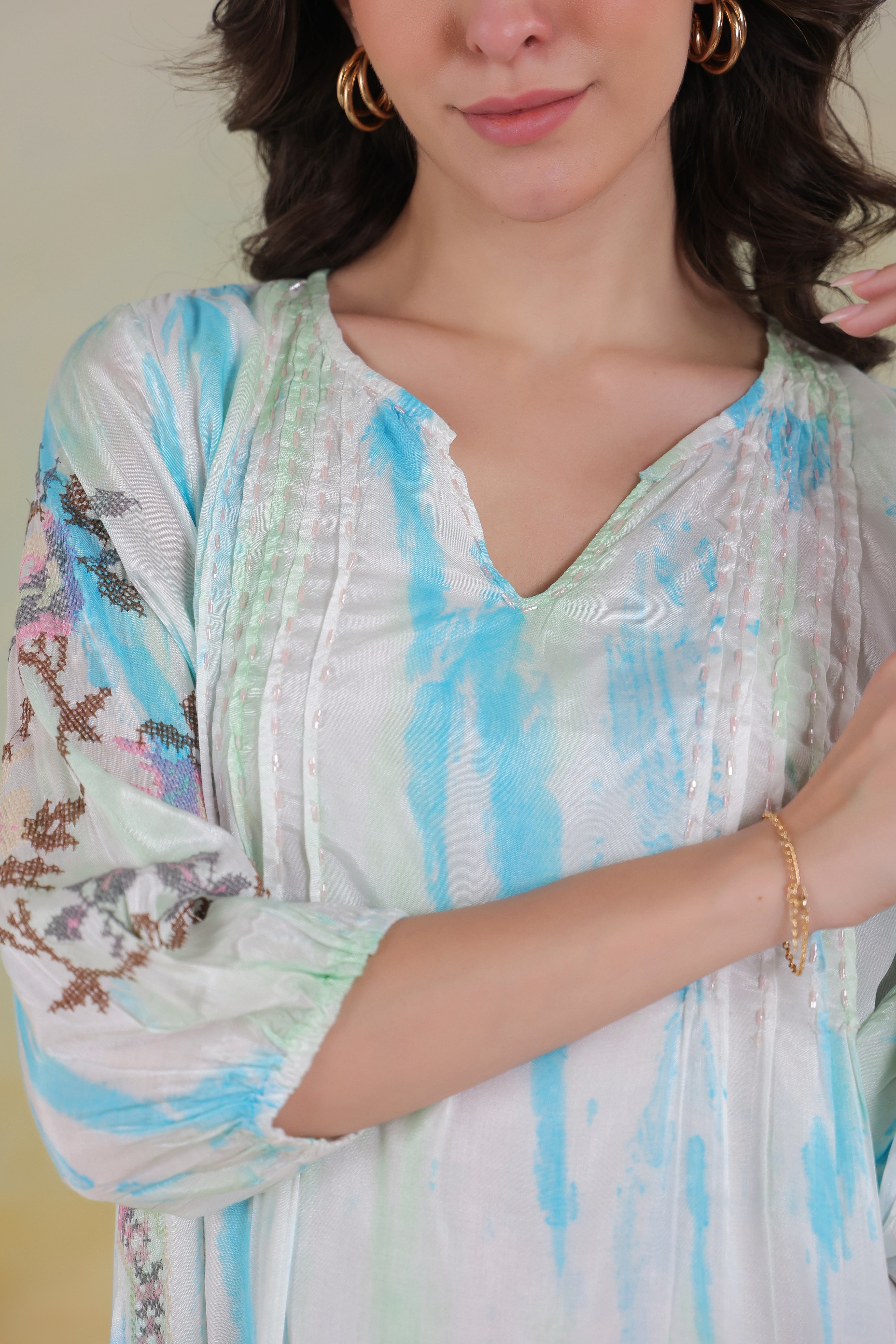 Women’s Blue Rayon Tie-Dye Embroidered Shrug