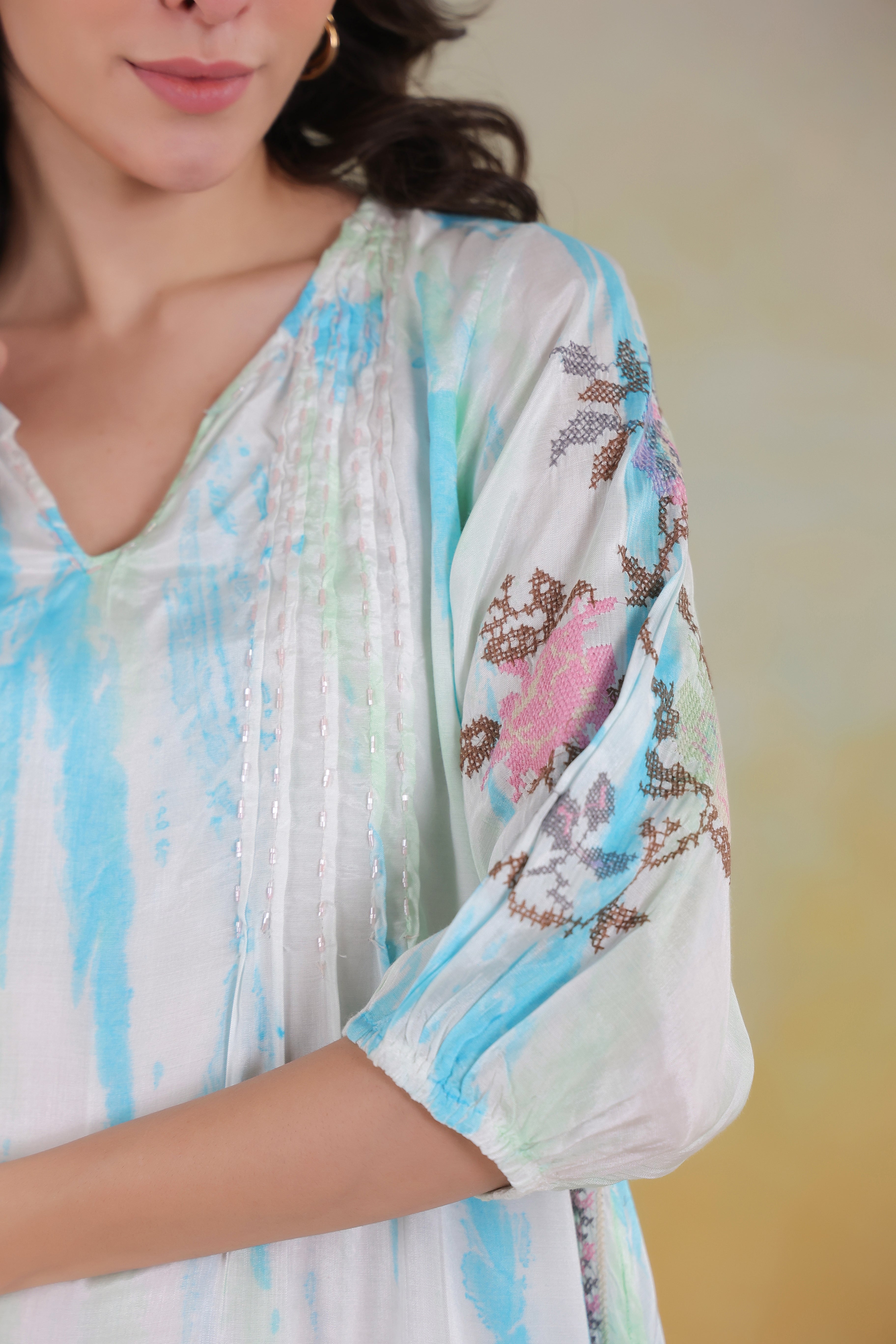 Women’s Blue Rayon Tie-Dye Embroidered Shrug