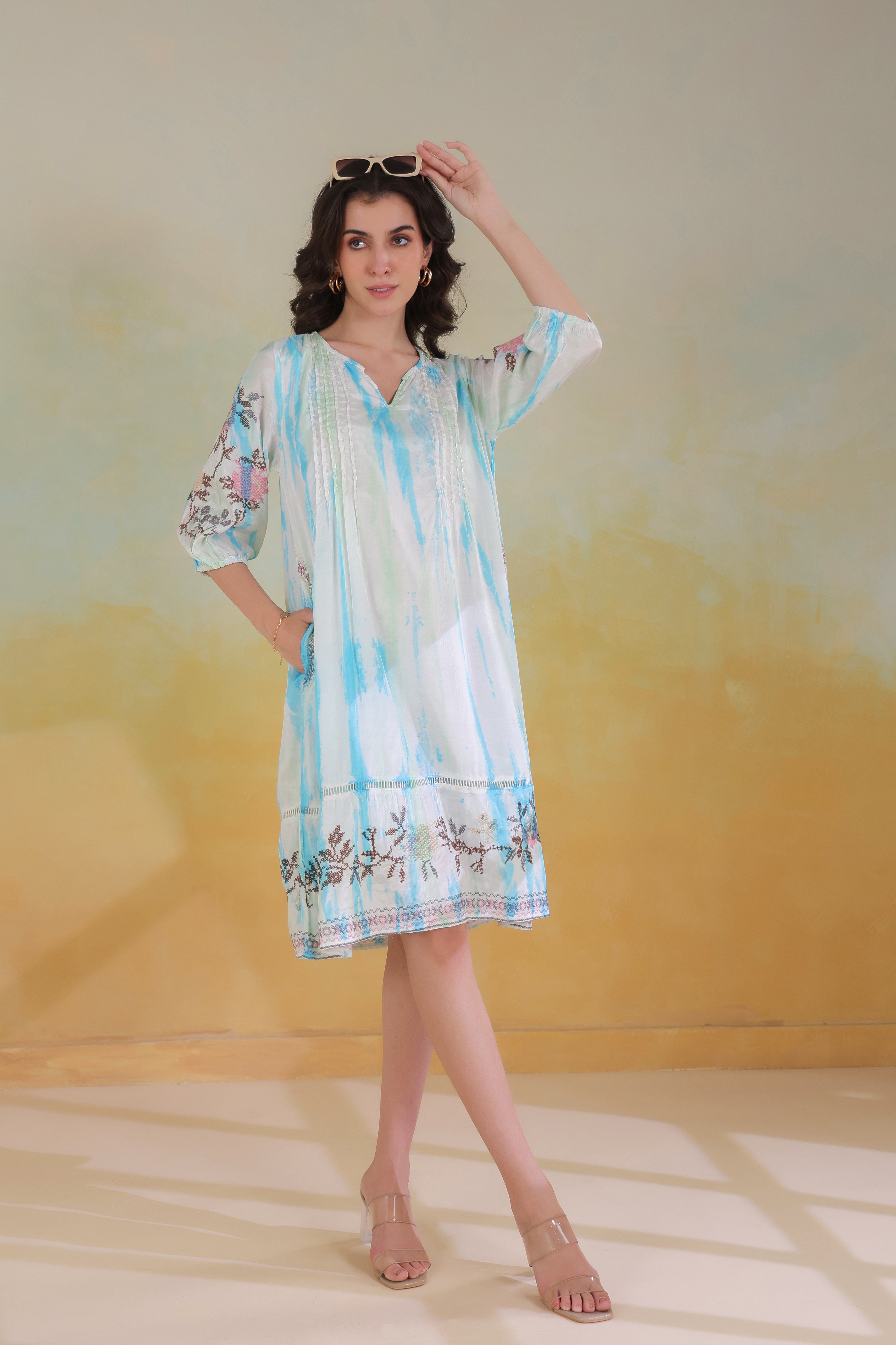Women’s Blue Rayon Tie-Dye Embroidered Shrug