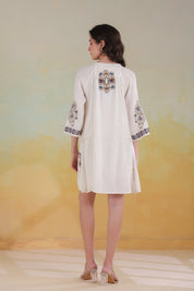 Women’s Beige Cotton Viscose Dobby Solid Embroidered Dress